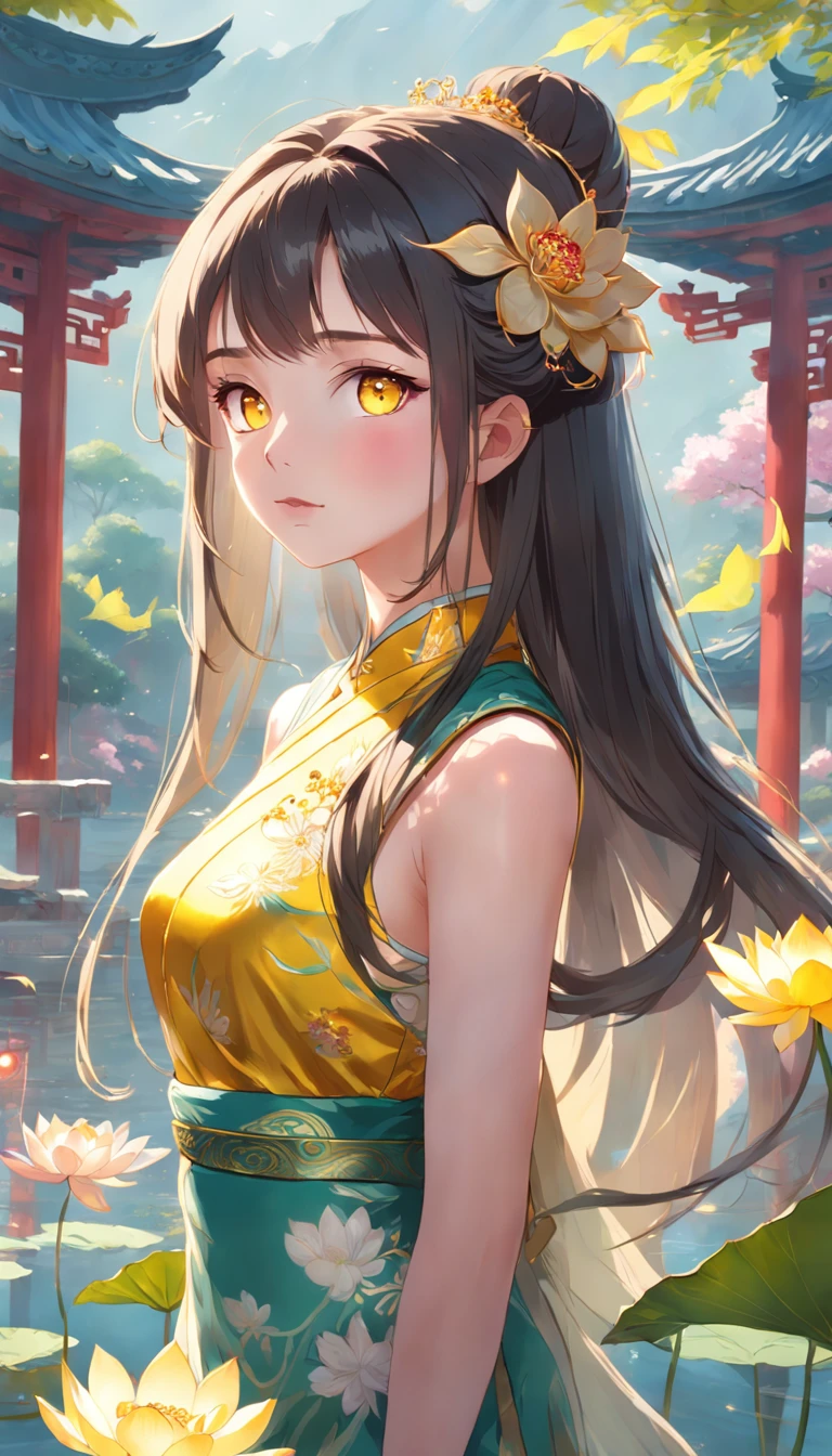 (medium full shot, looking at viewer:1.3), rainbow color combinations, masterpiece, 8k wallpaper, absurdres, best quality, dynamic angle, cinematic lighting, 1girl, (small breasts), cute, delicate, (black hair, pink streaks:1.3), (halter dress, sky blue dress:1.32), long hair, hair between eyes, sidelocks, crown braid, diadem, show shoulders, extremely reflective eyes, (extremely plain background, solid color background, yellow background:1.1)