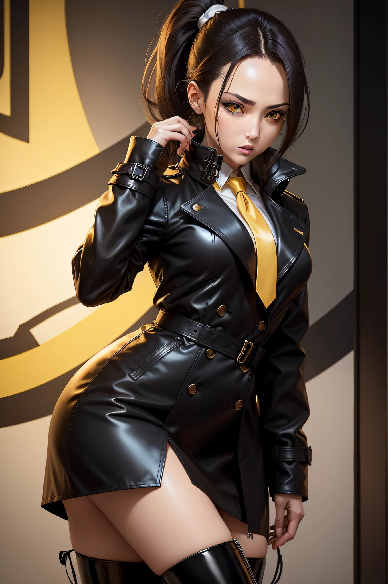 Need，tmasterpiece，brunette color hair，Yellow eyes，a black trench coat，black lence stockings，pondering，Hairline，Yellow skin，Left ponytail，White color blouse，black necktie，full bodyesbian，Black leather boots。
