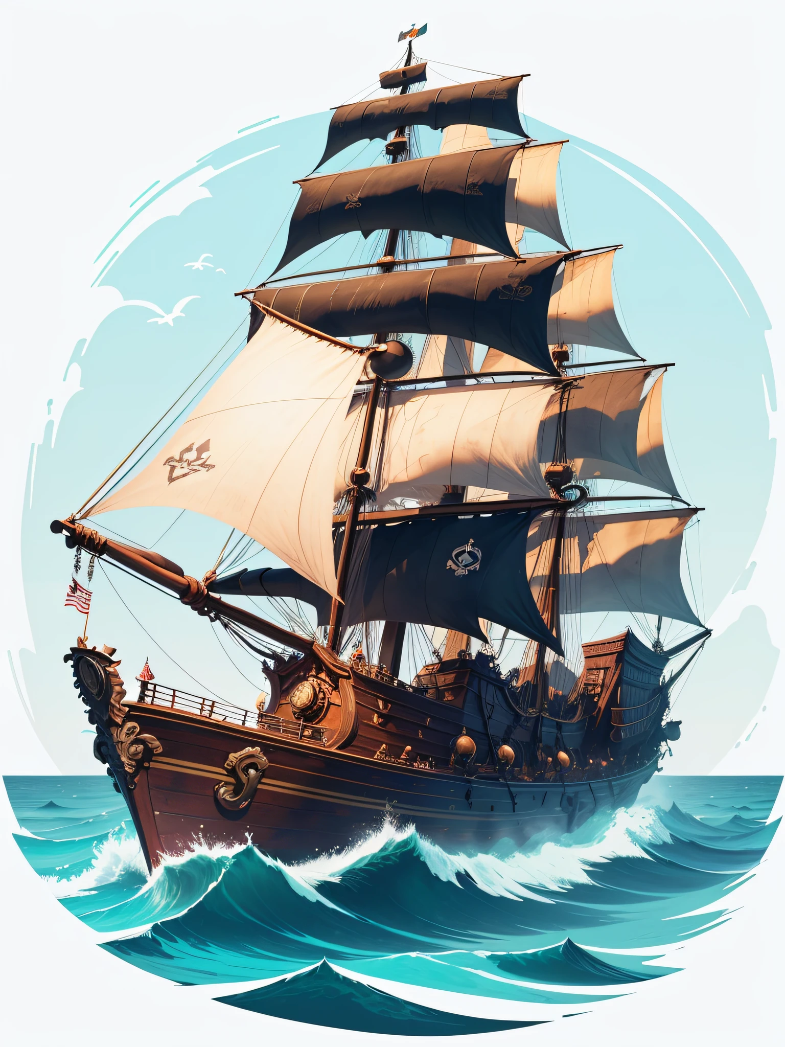 T-shirt print style vector image of a pirate ship on the high seas in the background, a jack sparow style pirate just face the front of the image, image without background, white background, vivid colors realistic 3d style, detailed image --auto
