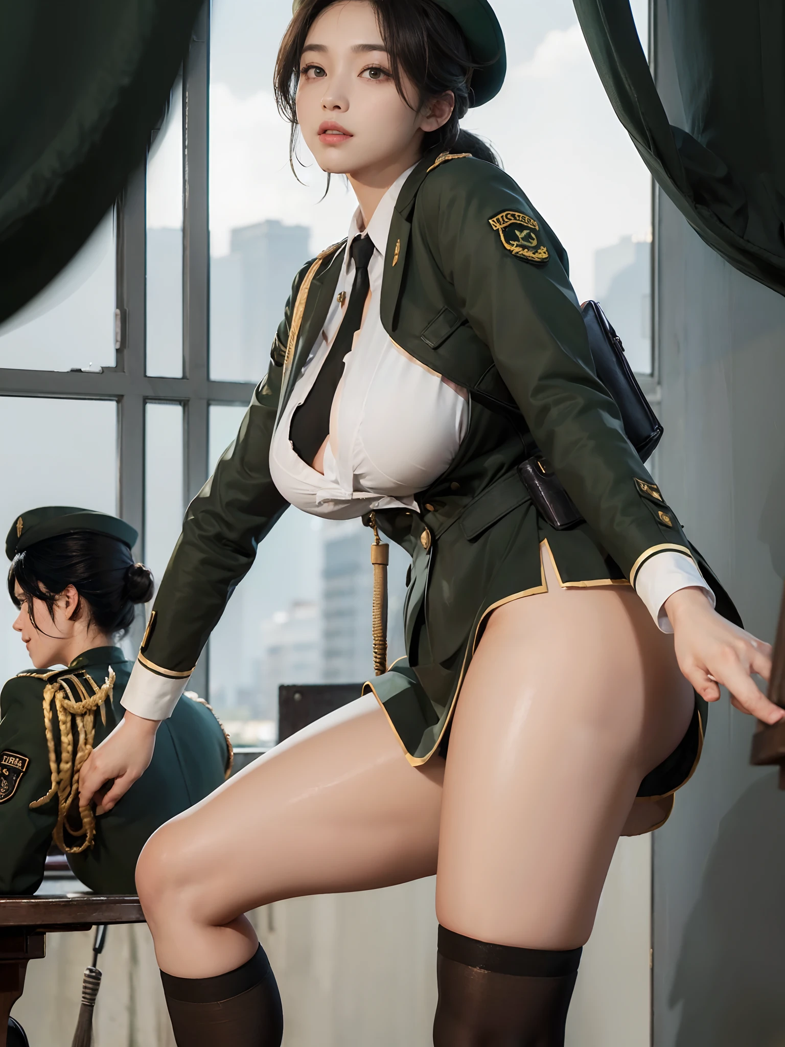 Very detailed CG unity 8K wallpaper，（tmasterpiece），（best qualtiy），（ultra - detailed），（Ultra photo realsisim），（best character detail：1.36），Nikon D750 f / 1.4 55mm，profesional lighting， physically-based renderingt, 1girll, Female soldier，army suit，Green military uniform，Long-sleeved military uniform，Fabric texture military uniform，The jacket is lined with a plain white shirt，Dark green tie，(Army green skirt)，military hat，Black hair，the golden ratio,[:(com rosto detalhado:1.2):0.2]:,PureErosFace_V1, broad shoulder,(Plump breasts:1.5),(Bigchest:1.5),(big assa:1.5)，Wide buttock ，Bare legged，Plump legs，whitestocking，without wearing shoes，Soaked with sweat，red flags，at class room，bright sun，Bright smile，White teeth，lighting，Contre-Jour，