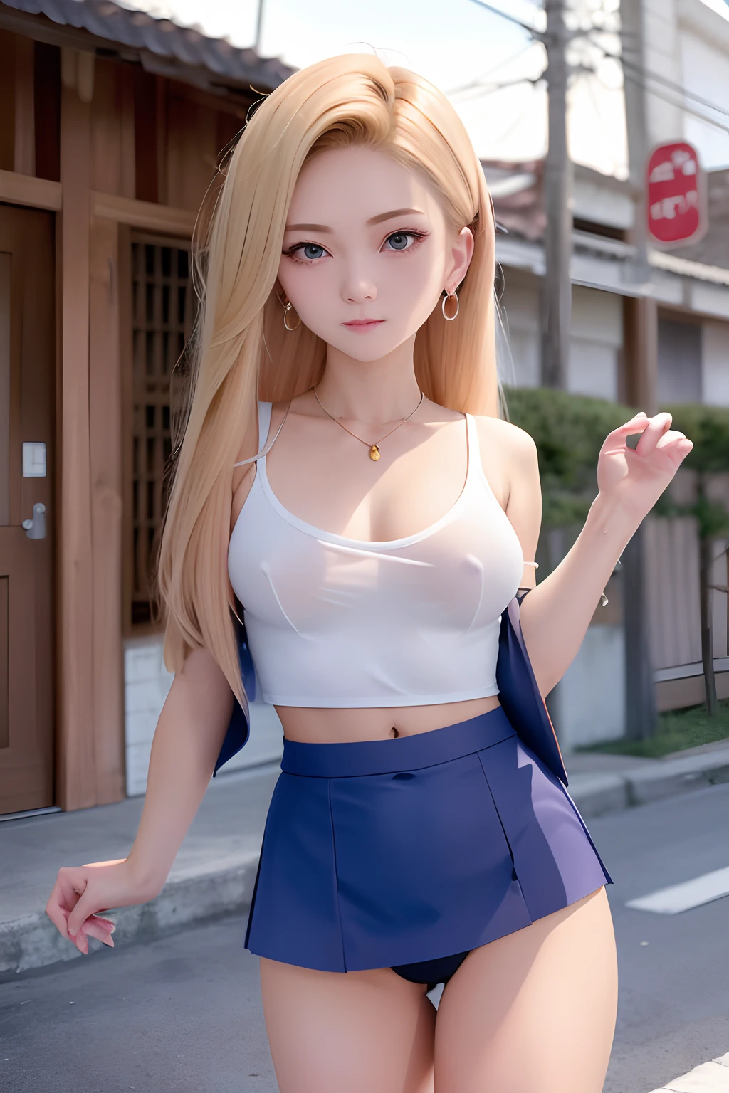rialistic photo、top-quality, a sailor suit、Ultra mini skirt、low rise skirt、White shorts、beautiful thigh、Beautiful belly button、Beautiful facial features、Beautiful camel toe、Hi-Res, and18, 1girl in, Android 18, 独奏, blonde hair, blue eyess, shorth hair, 耳Nipple Ring, jewely, Medium chest, cowboy shot, Street, (校服:1.2), off shoulders, Sunset,
