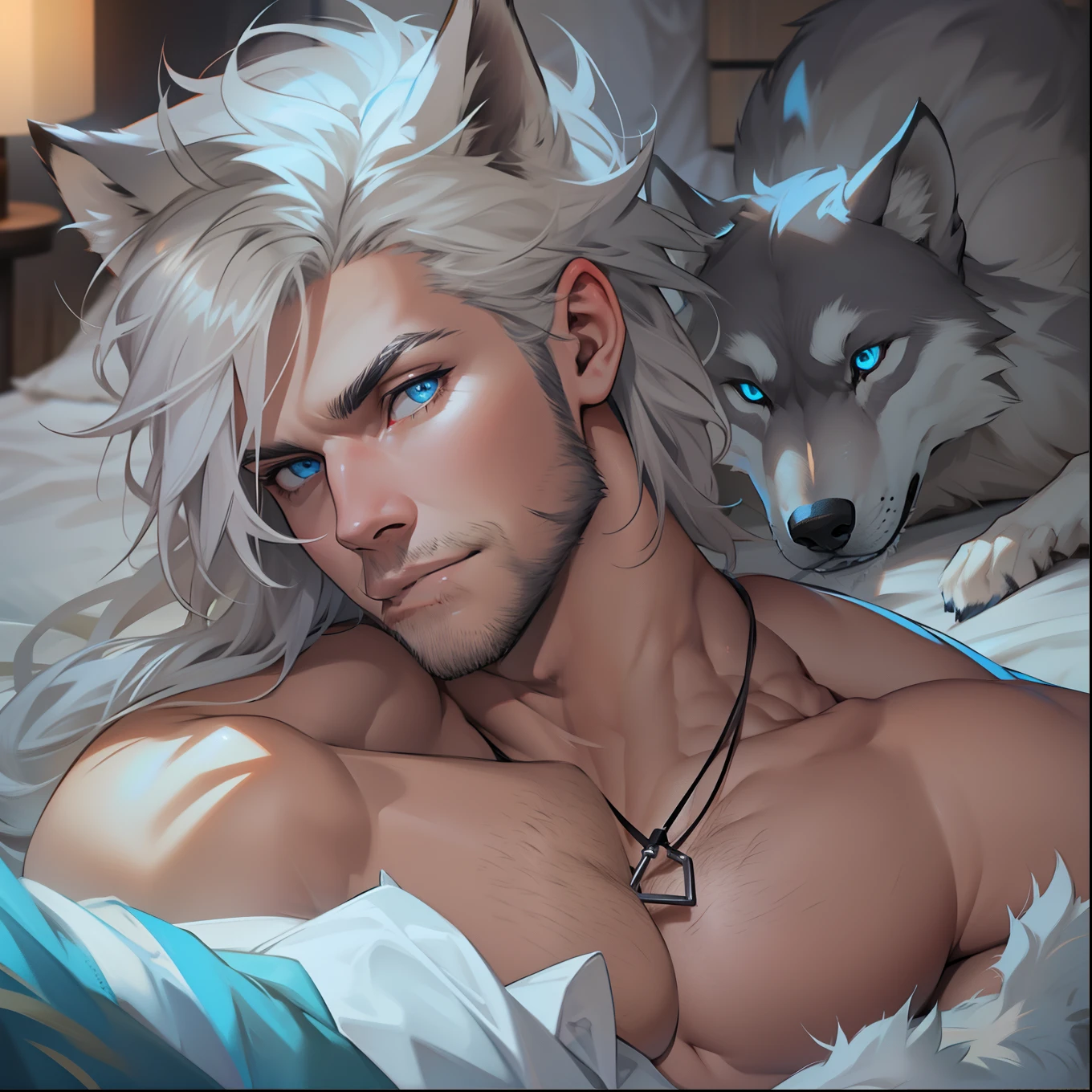 Male with light beard, flowing white hair, has wolf ears, has wolf tail, shirtless, has blue plaid pajama pants on, happy, playful, sitting on couch watching tv, surrounded by snacks