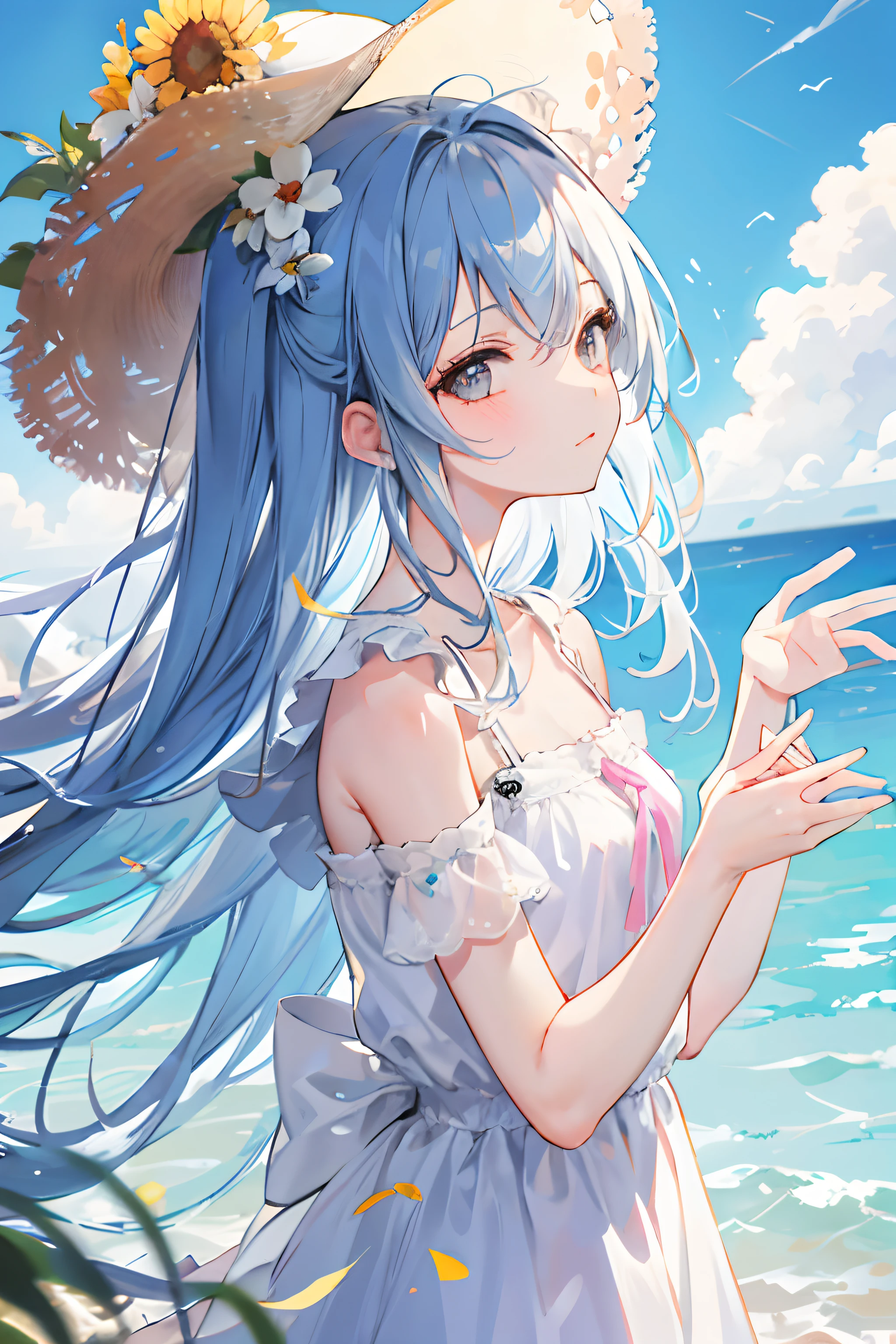 top-quality,kawaii girl,kawaii,Illustration that feels summer,Vibrant poses,Vibrant hair,Cute look,White dress,bob cuts,blue-sky,sunlight,an anime girl,real life anime girl、Tren at CGSTATION