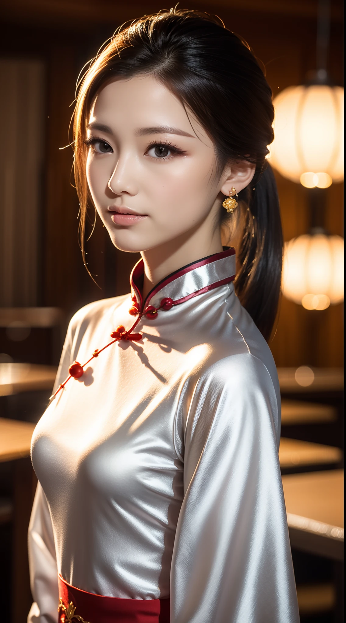 （Hyperrealistic,）4K,35mm，hyper-high detail, Professional lighting, Best quality, Ultra-high resolution, Visually stunning, (1girll:1.3), National style （on cheongsam）,realskin,（Perfect body 1.3）Ultra-delicate face。