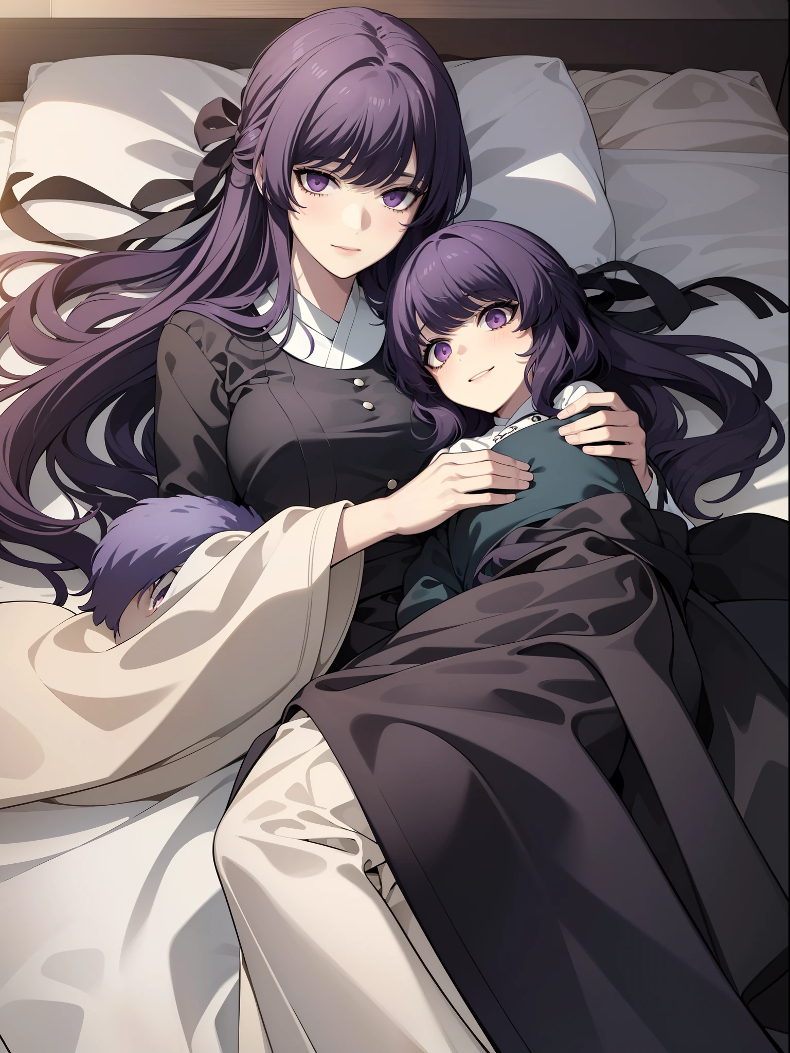 quality, masterpiece, highly detailed, 1girl, solo, long hair, dress, purple eyes, purple hair, Anastasia_Zelenska, blush, detailed face, detailed eyes, smile, happy, proud, tired eyes, holding her baby offspring, lying on bed, her offspring is sleeping