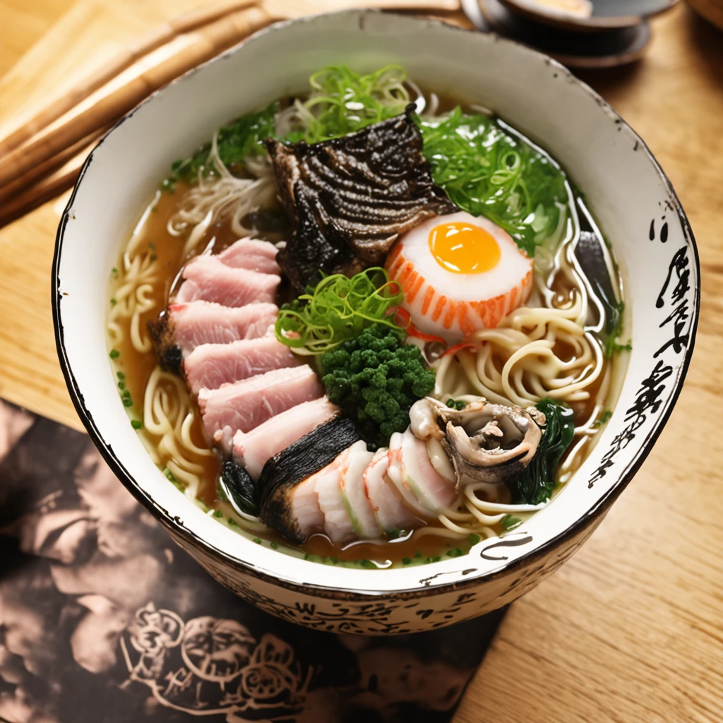 ((best quality)), ((masterpiece)), ((realistic)), The artwork showcases a mouthwatering bowl of ramen, expertly crafted and beautifully presented. The bowl contains Chinese noodles, accompanied by a flavorful broth made from pork, fish, or chicken bones. The base taré sauce adds depth and richness to the broth, elevating its taste. The bowl is adorned with vibrant green seaweed (nori), tender slices of pork (chāshū), marinated bamboo shoots (menma), fresh scallions, and naruto (a swirl-shaped pink fish cake). The scene captures the essence of Japanese cuisine and the comforting atmosphere of a cozy ramen restaurant. The lighting is warm and inviting, enhancing the visual appeal of the dish. The artwork is of the highest quality, showcasing every detail of the ingredients and presentation. It is a masterpiece that entices the viewer's taste buds and evokes a sense of culinary delight. on eye level, scenic, masterpiece.