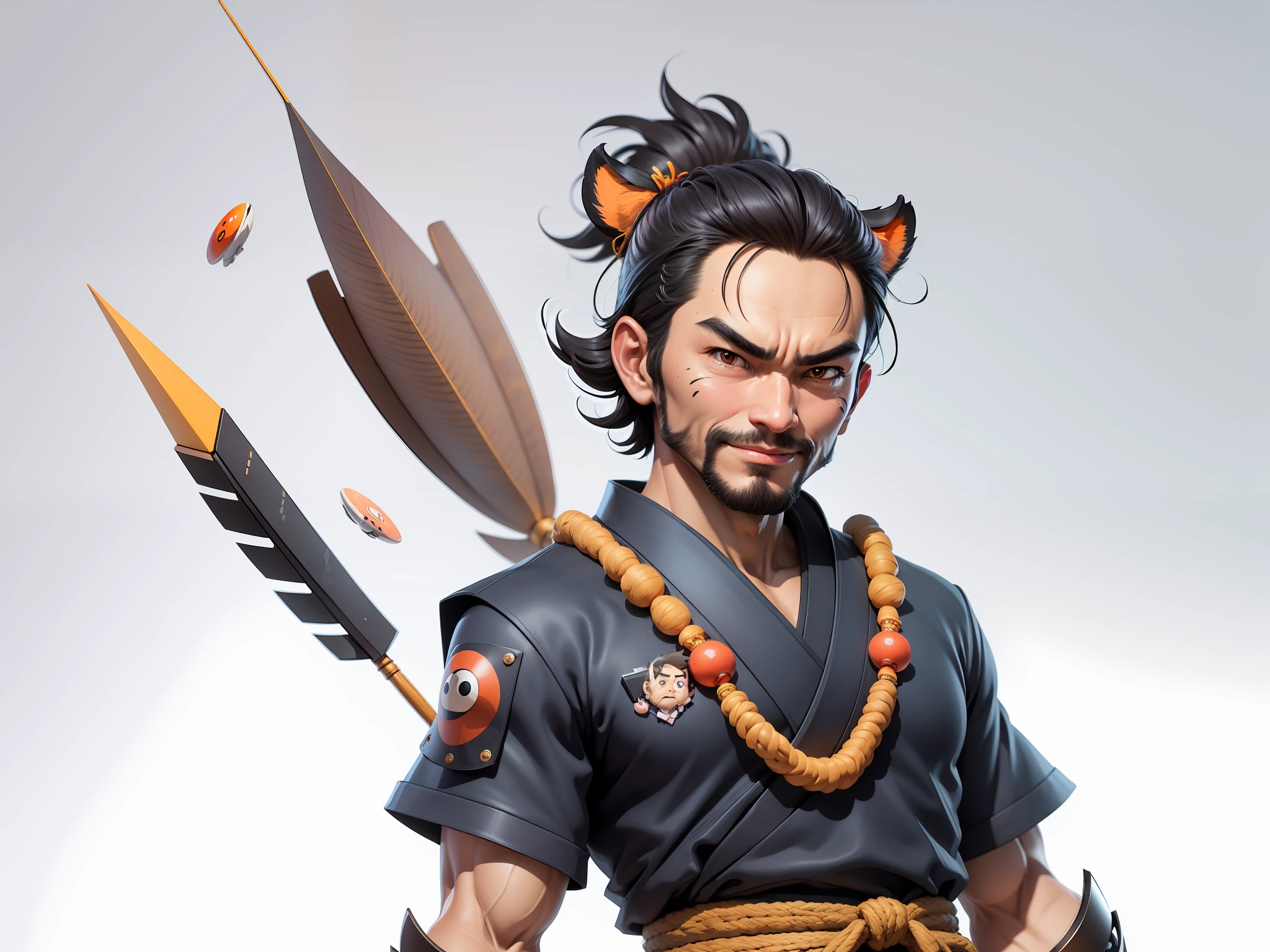 (Daisaku),(Need),(Super meticulous),(full bodyesbian:1.2),Super young man with Japanese geisha,Beautiful,orient,one tiger,Aeolian Thor,Raised sexy,爆乳,Oriental face,TV Anchor,Bust portrait illustration,In black suit,a blue tie,The face is slightly chubby,The face was clean,without a beard,Black super short hair,Black eyes,Smile confidently,3C computer sub-products,iPad, iphone,Digital painting,3D character design by Mark Clairen and Pixar and Hayao Miyazaki and Akira Toriyama,The illustration is a high-definition illustration in 4K resolution,With very detailed facial features and cartoon-style visuals。