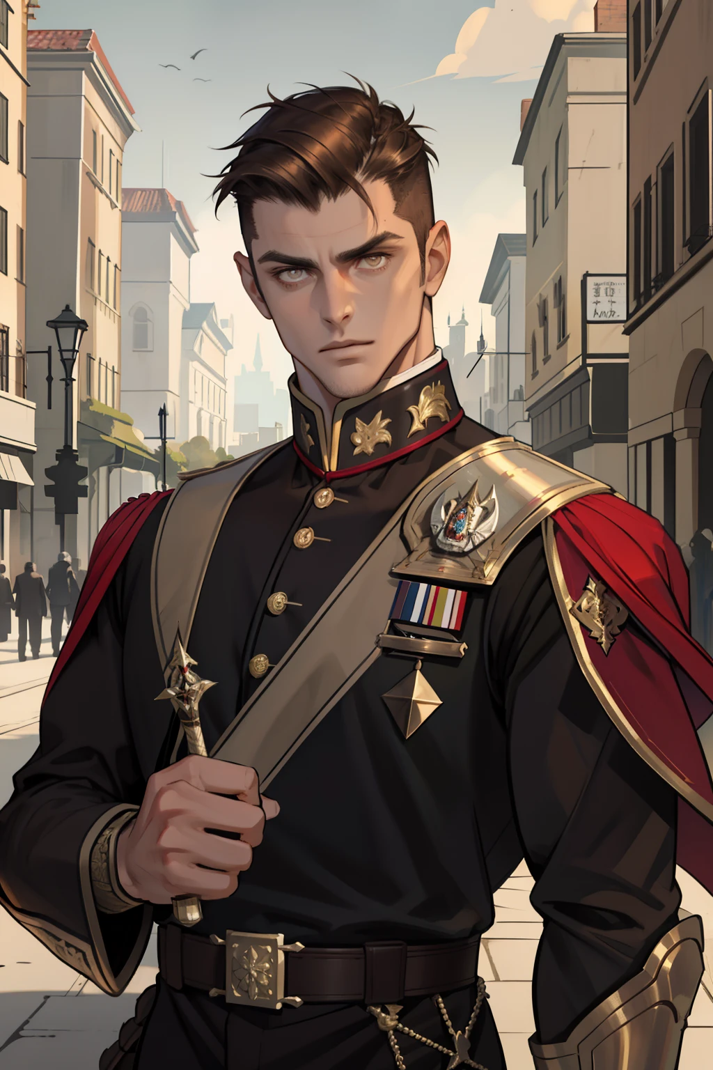 (masterpiece, best quality), 1 male, mature, aged up:1.4, tall muscular guy, broad shoulders, finely detailed eyes and detailed face, best ratio four finger and one thumb, best light and shadow, very short hair, undercut, mercenary, suit, fantasy landscape,wizard landscape, brown eyes, Red uniform, knight, holding a wand.