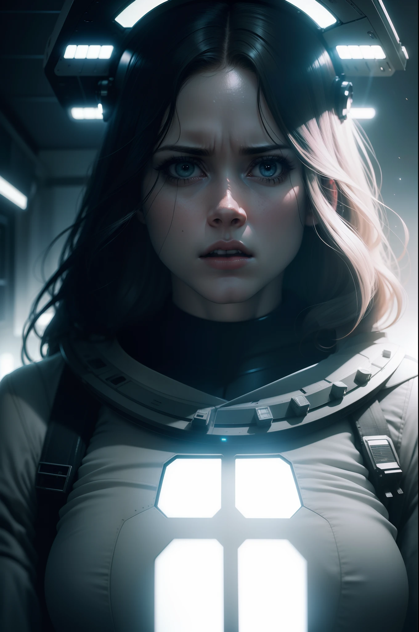Hot terrified Amy Adams as a Scientist on Ishimura Horror Space Ship photography, natural light, photorealism, cinematic rendering, ray tracing, the highest quality, the highest detail, Cinematic, Third-Person View, Blur Effect, Long Exposure, 8K, Ultra-HD, Natural Lighting, Moody Lighting, Cinematic Lighting