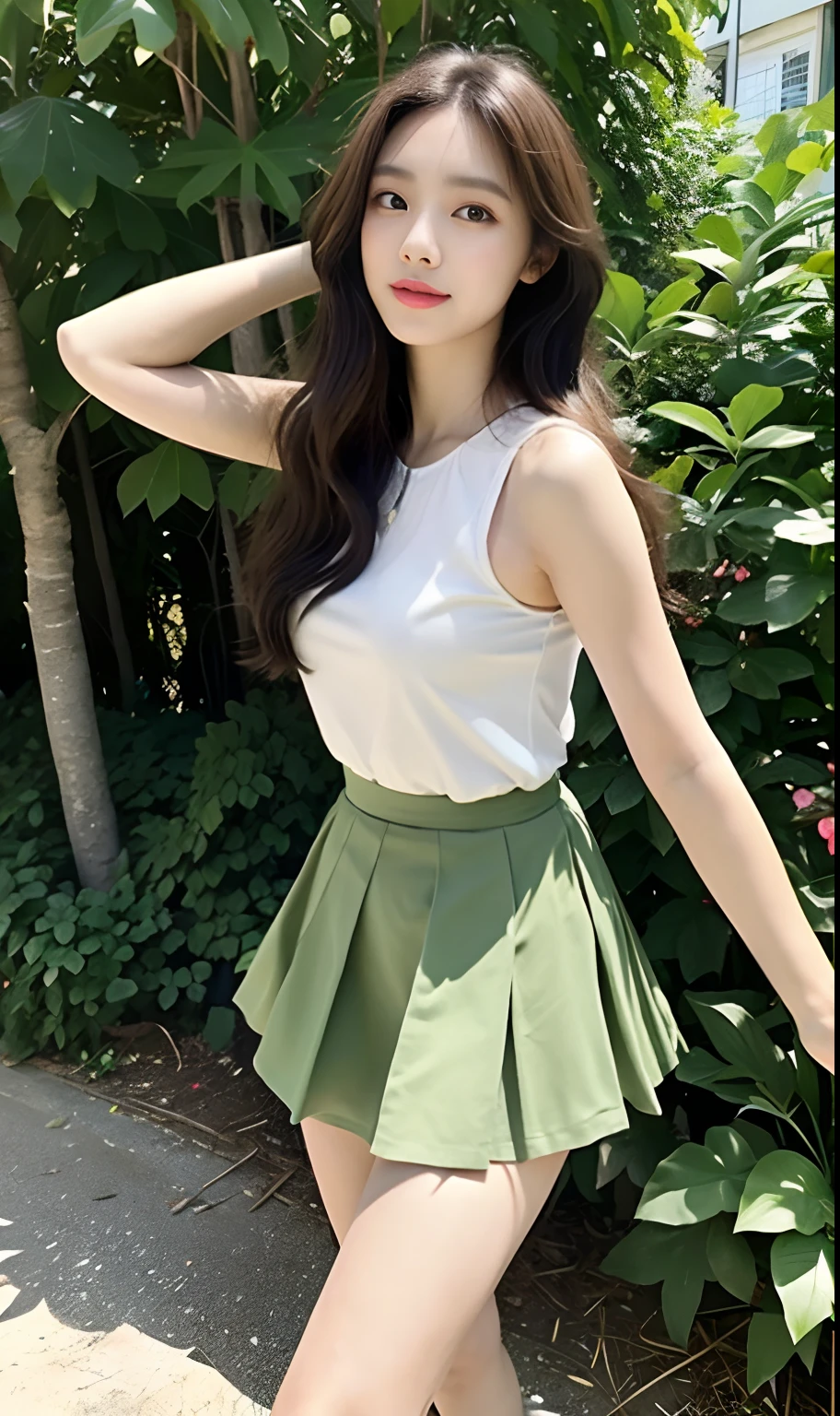 ,Masterpiece, Best quality,8K, 超高分辨率,Reallightandshadow,Cinema lenses,(beautidful eyes:1.1), ((中景 the scene is,The upper part of the body)),dynamicposes,On a green meadow,The gentle goddess came with gentle steps。He wore a dress,A gentle breeze blows,The skirt dances lightly。The sun shone through the leaves in her hair,Reflecting her clear eyes and gentle smile。Colorful butterflies flutter around her,Flowers bloomed at her feet,It was as if nature was cheering for her。