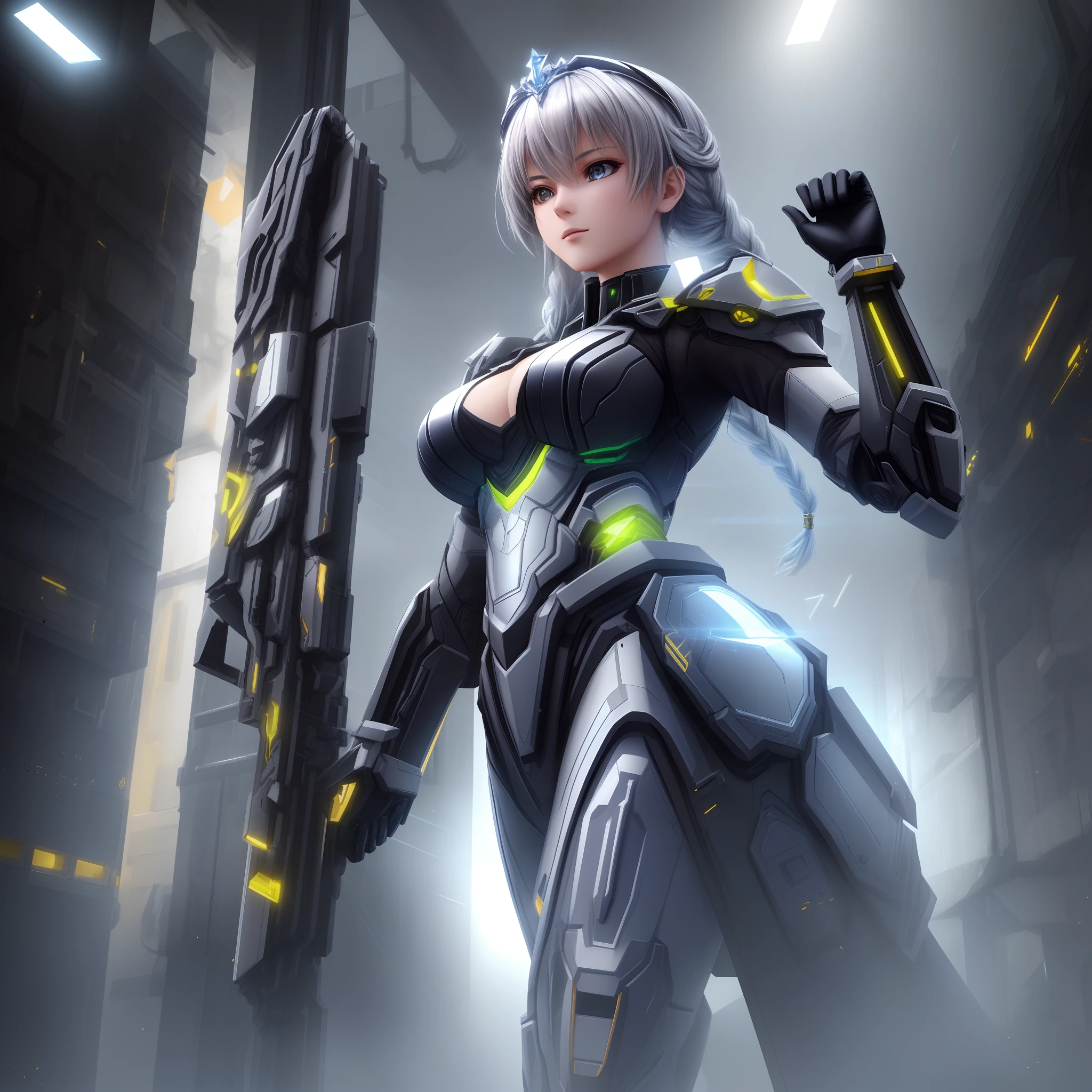 (8K,photorealistic Raw photography top quality;1.4) Female soldier big breasts in background, Girl in White Mech, Cyberpunk anime mecha girl, Wearing military armor ((aiming at something with a rifle:1.4)) sci-fi , Beautiful white girl cyborg, Cyborg - Silver girl, Fira's white mech, Echo the Overwatch, Perfect anime cyborg woman, Blue pupils, five fingers, CGhSociety NVIDIA RTX, super resolution,