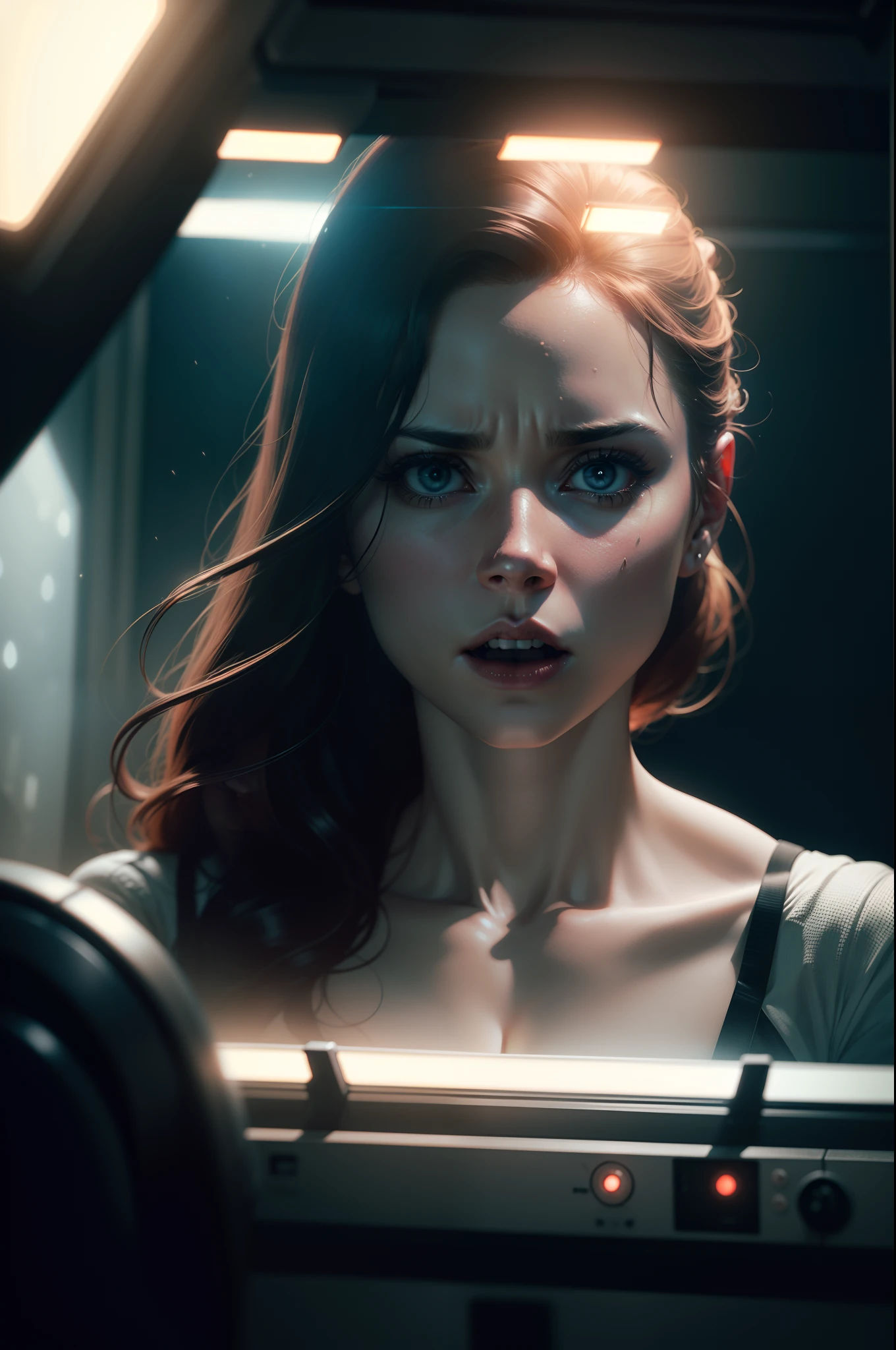 Hot terrified Amy Adams as a Scientist on Ishimura Horror Space Ship photography, natural light, photorealism, cinematic rendering, ray tracing, the highest quality, the highest detail, Cinematic, Third-Person View, Blur Effect, Long Exposure, 8K, Ultra-HD, Natural Lighting, Moody Lighting, Cinematic Lighting