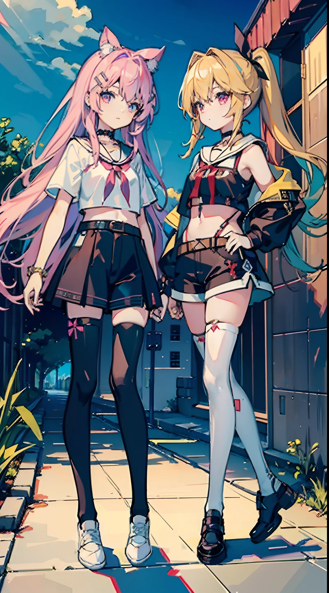 ,twins, Masterpiece,Best quality,offcial art,Extremely detailed Cg Unity 8K wallpaper, 2girls, cute female child, Yuri, hair adornments, Short shorts, Crop top, Pantyhose, ribbon_choker necklace, leg belt,