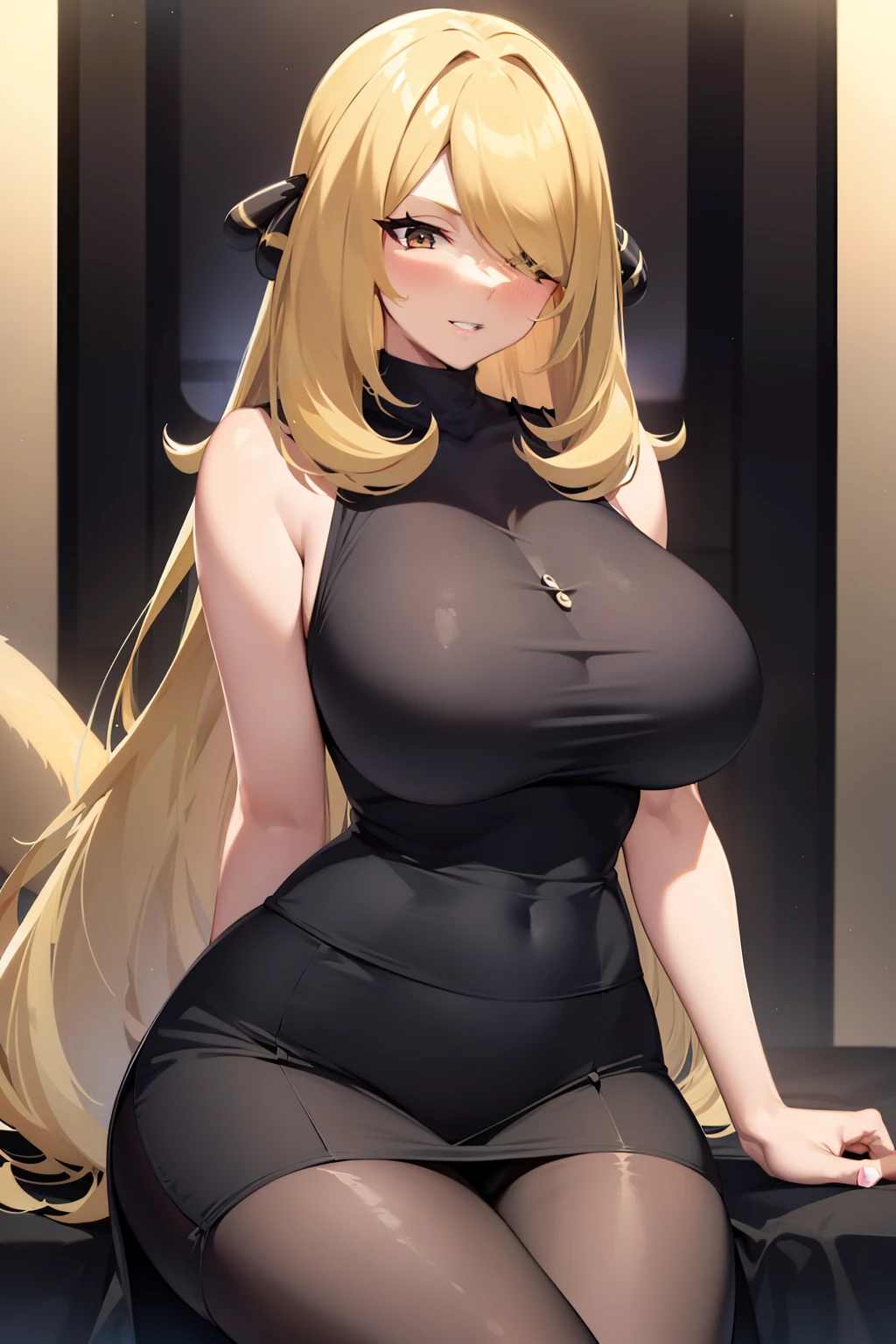 Best Quality,(,Solo, adult  woman, maturefemale), Cynthia \(A pokémon\), Hair ornaments, Hair over one eye, a blond, L cup huge breasts、Sleeveless shirt, Smile, Parted lips, Light blush,, Black High-Waisted Skirt,, Looking at Viewer,