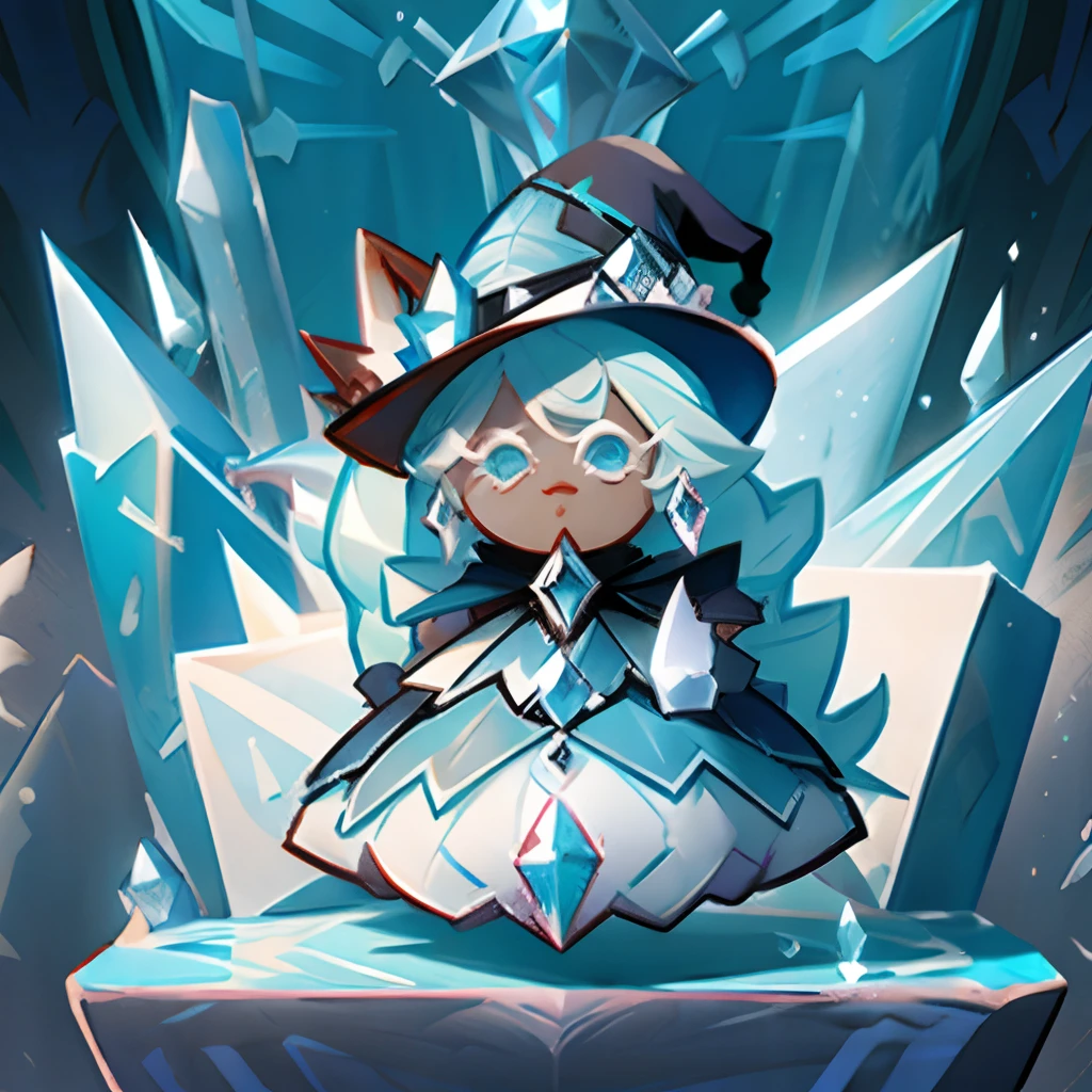 Windwitch Diamond Bell as a Cookie run Character , long Light blue Hair , Braided ponytail, ornate ballgown , Witch hat , ice aesthetic,masterpiece, High aesthetic, high quality.