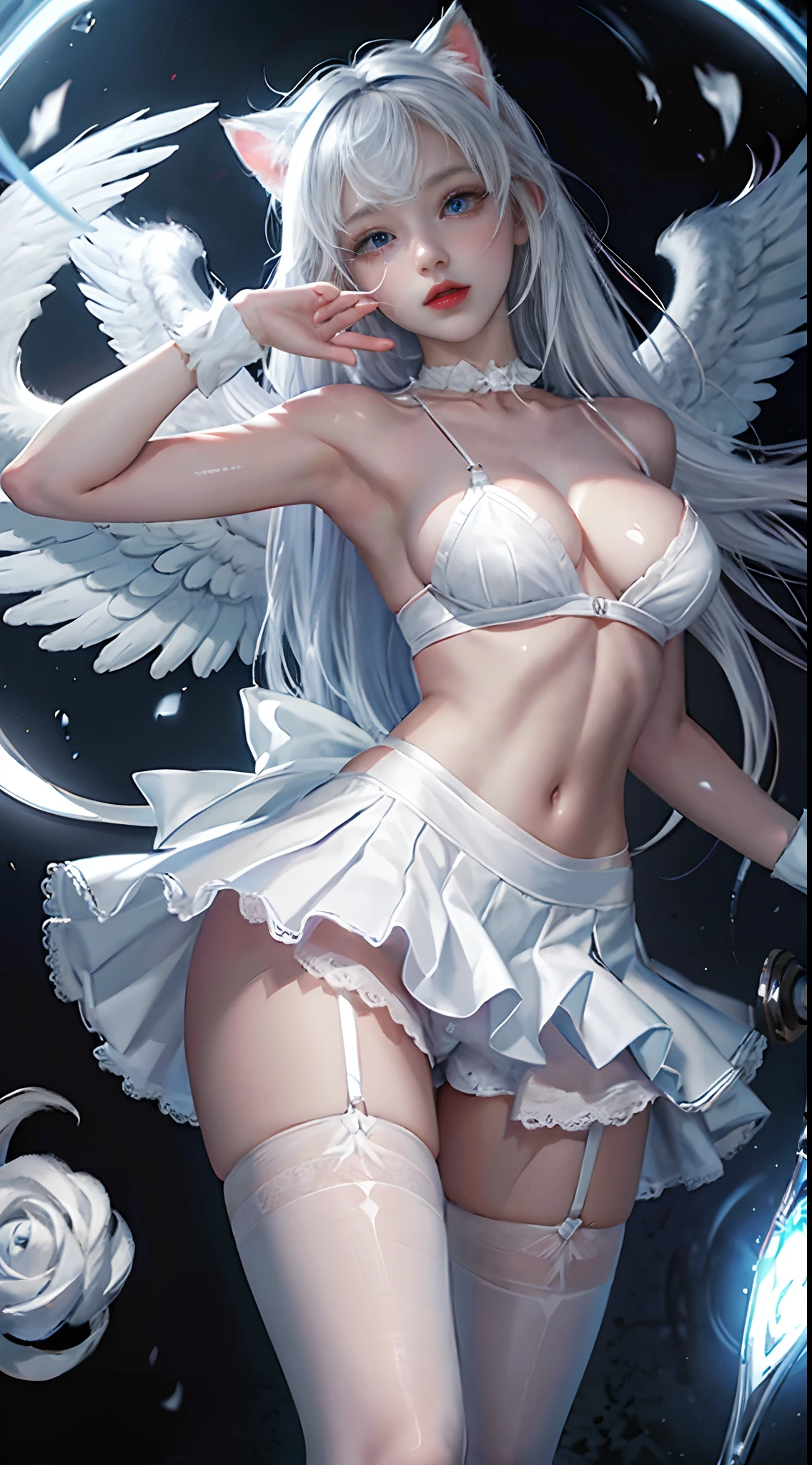 (((masterpiece))), (((best quality))),(extreme CG unity 8k wallpaper),anime, minigirl,cute,kawali,blue eyes,(beautiful detailed eyes),(white long hair):1.2,(white cat ears):1.2,large breast,hair_ornament,(white stockings):1.5, white flowers,choker,collar,(white cat tail):1.5,angel wings,ruins,flowers field,eyeball,(slit pupils):1.5,blush,thigh strap,(halo),ahoge,hair ribbons,primary school uniform,short mini skirt,white panty,fingersmile,maid,gloves ,floating hair,dynamic angle,,