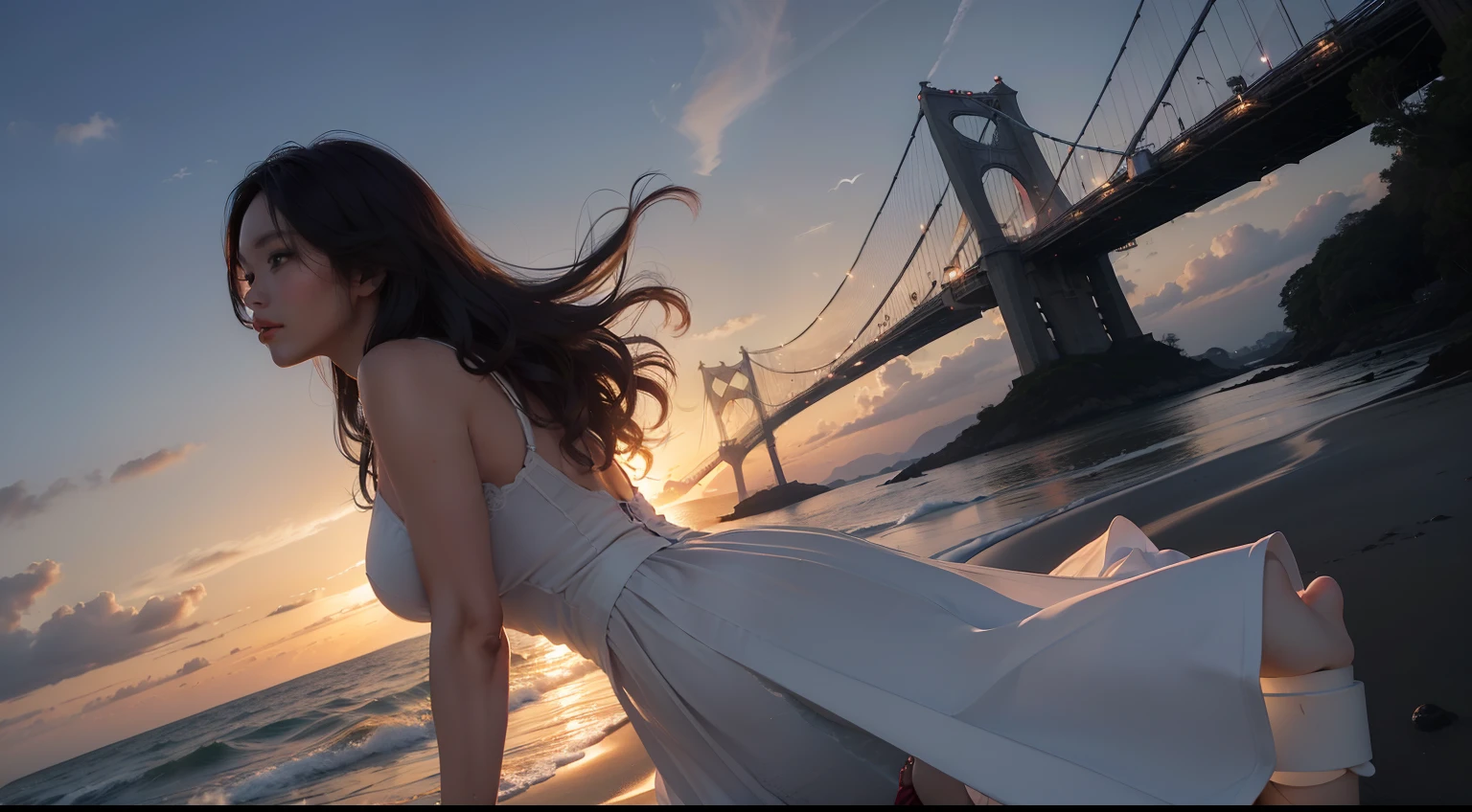 (realisitic,Photorealsitic:1.4),(1 beauty:1.3),(beautiful countenance:1.5),Detailed shiny skin,A detailed eye,Precise hands and fingers,8K HDR, , masterpiece, (Dynamic Angle Video),电影灯光, Finely drawn backgrounds,(The dim,dramatic lighting,No sunlight,near the ocean)Beautiful Brazilians,Dress like a grown-up,Curly hair,Okinawa,Near the bridge,Playing,Stick out your tongue,Dark skin,Evening glow,Beautiful profile