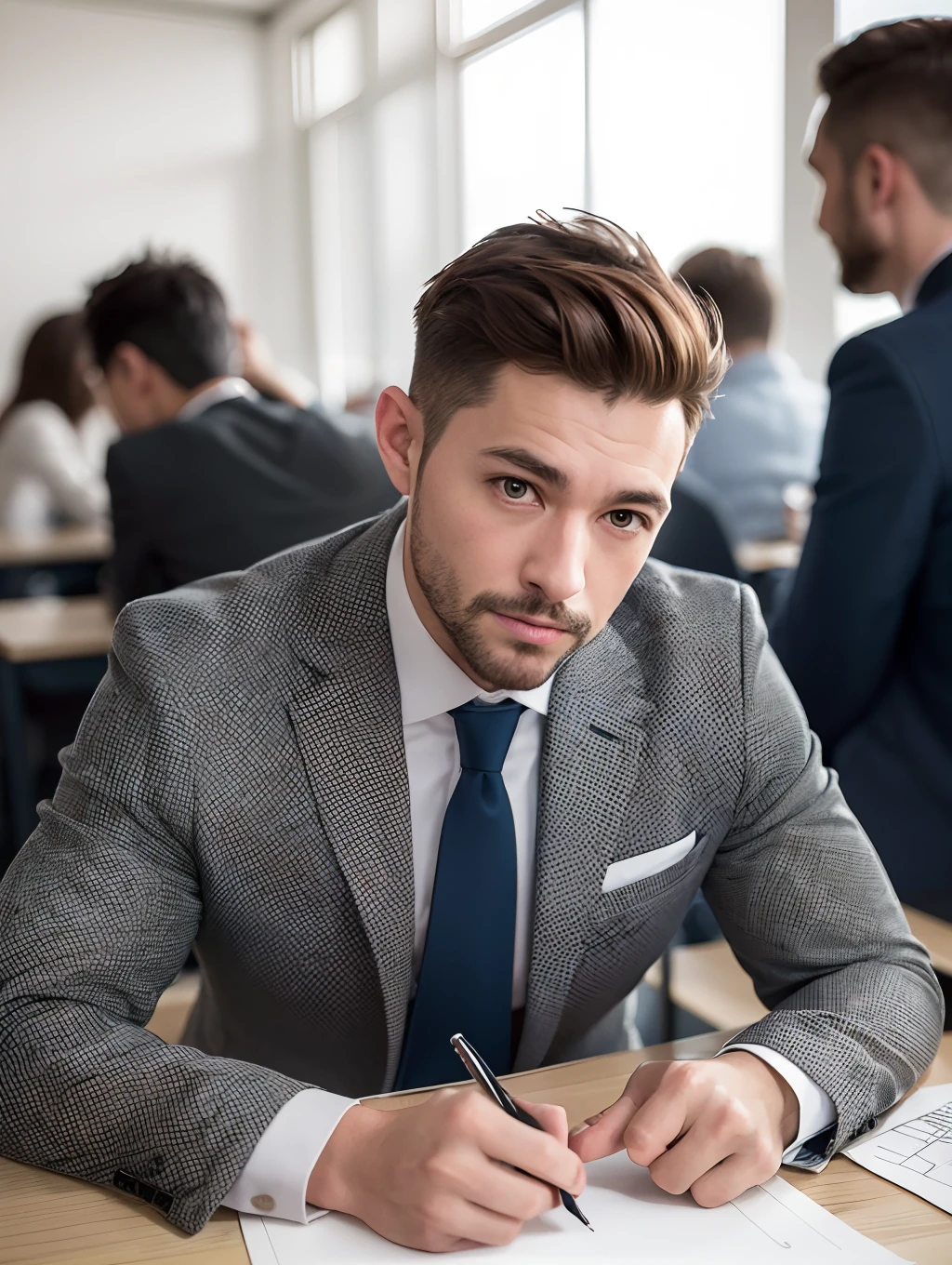 Drawing, A hyper-realistic, 8K, Extremely detailed, in the best quality, A Man,japanes , Unsupervised , in class room ,beautiful man , suits.