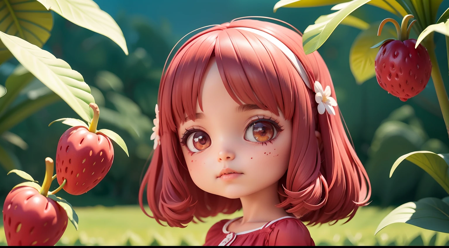 uma menina com o cabelo com formato e textura de um morango , com vestido vermelho com textura de morango, no estilo de desenho da Pixar Disney , brincando em um campo de morangos em um dia ensolarado
