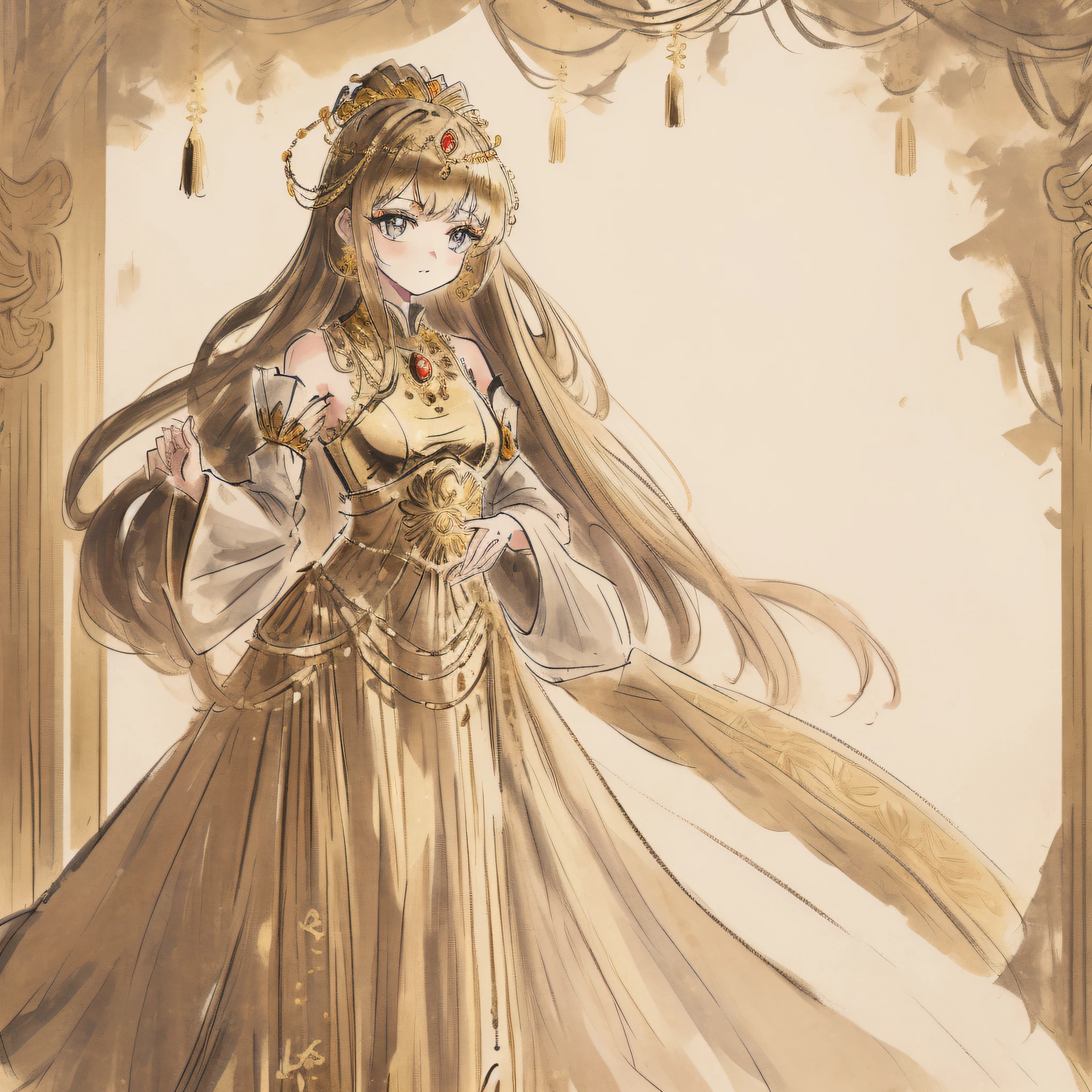 Please draw a picture of an exquisite girl in a princess dress with delicate gold metal decorations. She stands there looking at me