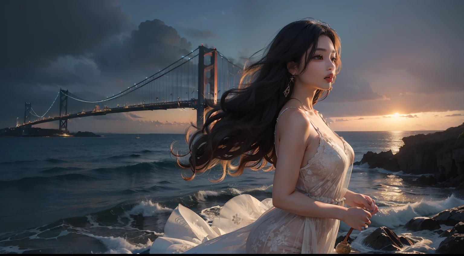 (realisitic,Photorealsitic:1.4),(1 beauty:1.3),(beautiful countenance:1.5),Detailed shiny skin,A detailed eye,Precise hands and fingers,8K HDR, , masterpiece, (Dynamic Angle Video),电影灯光, Finely drawn backgrounds,(The dim,dramatic lighting,No sunlight,near the ocean)Beautiful Brazilians,Dress like a grown-up,Curly hair,Okinawa,Near the bridge,Playing,Stick out your tongue,Dark skin,Evening glow,Beautiful profile