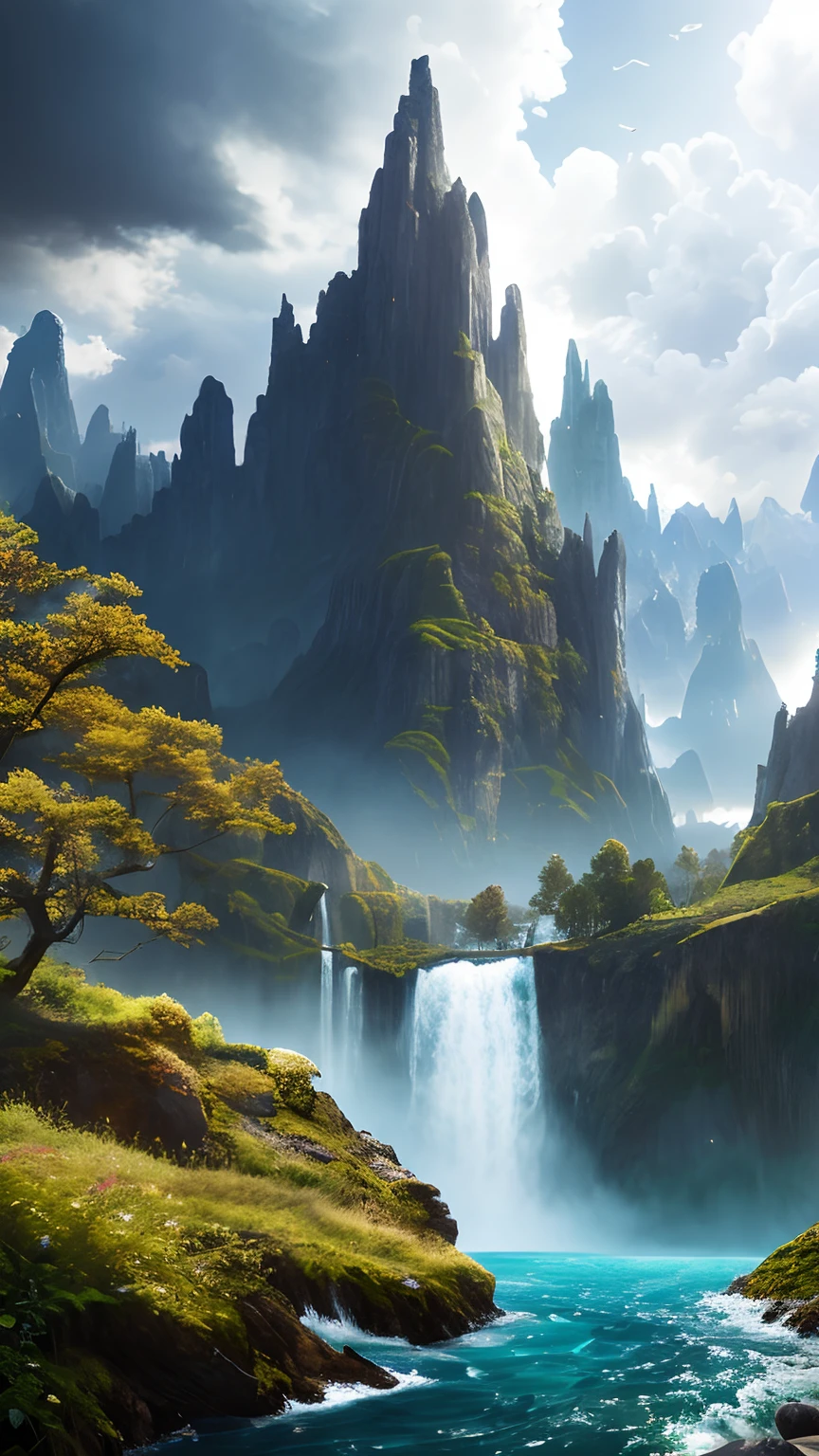 Masterpiece, best quality, high quality, extremely detailed CG unity 8k wallpaper, landscape, outdoor, sky, cloud, sky, no humans, mountain, landscape, water, tree, blue sky, waterfall, cliff, nature, lake, river , cloudy skies, award winning photography, bokeh, depth of field, HDR, bloom, chromatic aberration, photorealism, very detailed, trending on artstation, trending on CGsociety, intricate, high detail, dramatic, midjourney art