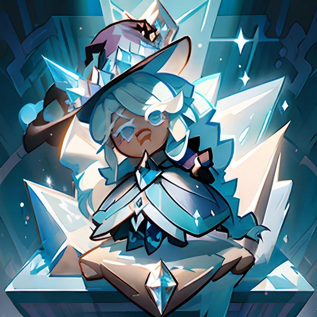 Windwitch Diamond Bell as a Cookie run Character , long Light blue Hair , Braided ponytail, ornate ballgown , Witch hat , ice aesthetic,masterpiece, High aesthetic, high quality.