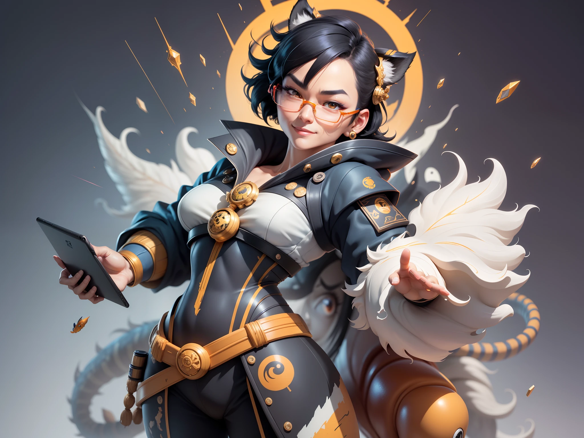 (Masterpiece), (Excellent), (Super Meticulous), (Full Body: 1.2), Super Young Man with Japanese Female Geisha, Pretty, Beautiful, Chinese Dragon, Tiger, Wind God Thor, Sexy, Bursting, Oriental Face, TV Anchor, Bust Portrait Illustration, Black Suit, Blue Tie, Slightly Chubby Face, Silver Glasses, Very Clean Face, No Beard on Chin, Black Super Short Hair, Black Eyes, Confident Smile, 3c Computer Sub-Products, iPad, iPhone, Digital Painting, 3D character design by Mark Clairedon and Pixar and Hayao Miyazaki and Akira Toriyama, the illustrations are HD illustrations in 4K resolution with highly detailed facial features and cartoon-style visuals.