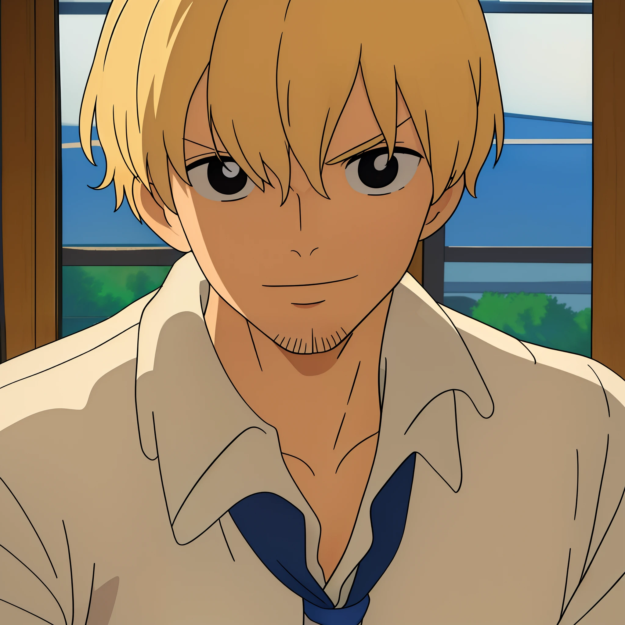 ((best quality)), ((masterpiece)), ((detailed background)), ((high quality illustration)), 1boy, wanostyle, sanji, blonde hair, bangs covering one eye, curly eyebrows, male focus, solo, indoors, collared shirt, upper body, close-up, shirt, bangs, black eyes, jacket, facial hair, long sleeves, necktie, miyazaki hayao