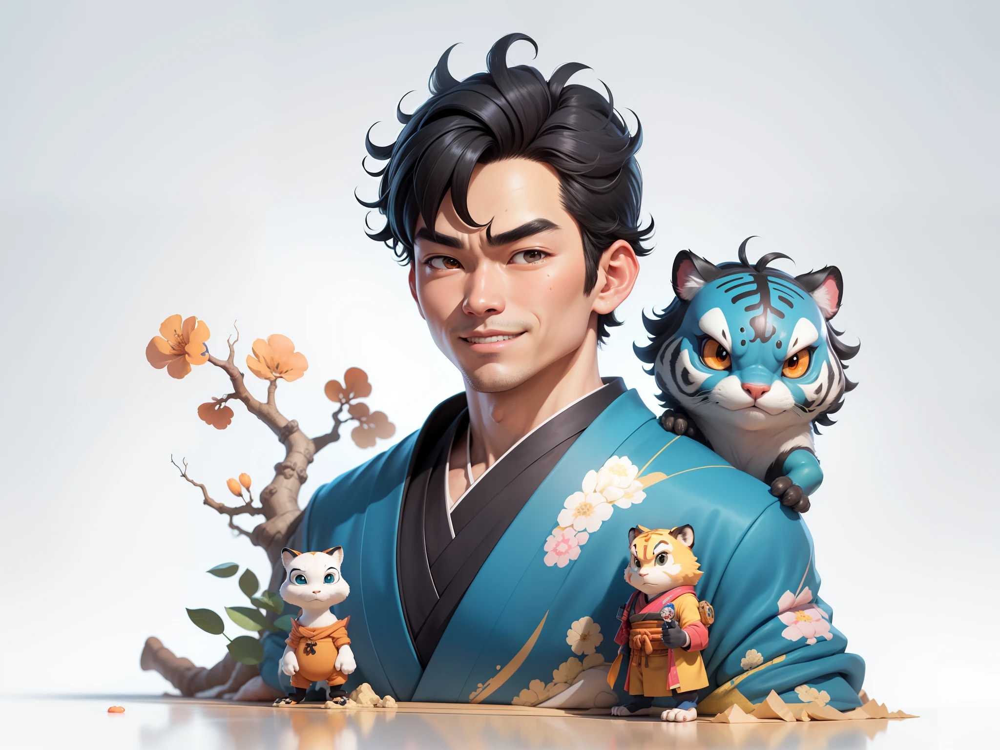 (Masterpiece), (Excellent), (Super Meticulous), (Full Body: 1.2), Super Young Man, Oriental Face, Japanese Kimono, Japanese Wind Thunder God, Dragon, Tiger, TV Anchor, Bust Portrait Illustration, Alone, Black Suit, Blue Tie, Slightly Chubby Face, Very Clean Face, No Beard, Black Super Short Hair, Black Eyes, Confident Smile, 3c Computer Sub-Products, iPad, iPhone, Digital Painting, 3D Character Design by Akira Toriyama and Mark Claireden and Pixar and Hayao Miyazaki, The illustration is a high-definition illustration in 4K resolution with very detailed facial features and cartoon-style visuals.