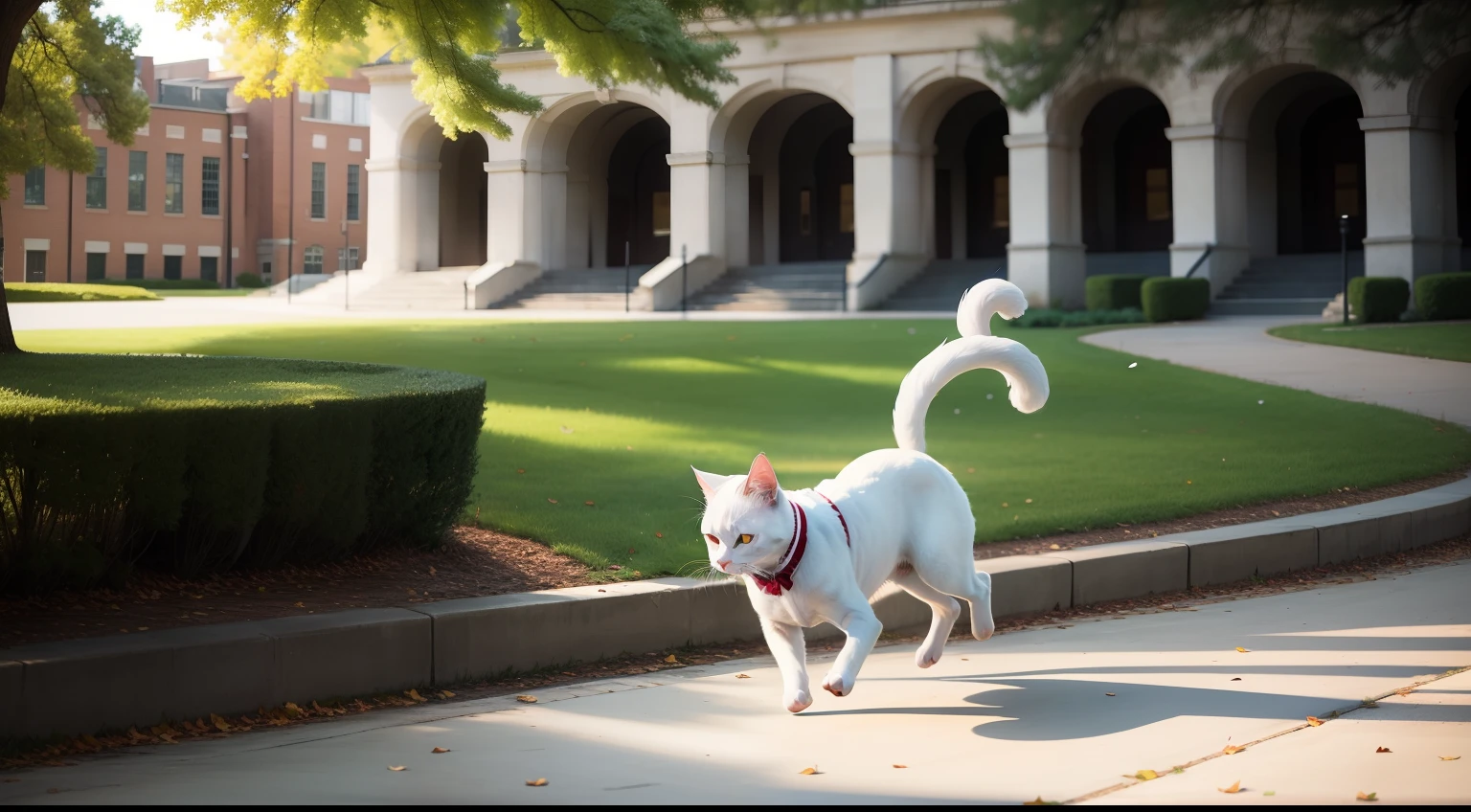 A white Devon cat with a bow on its tail runs happily around the campus，photography of