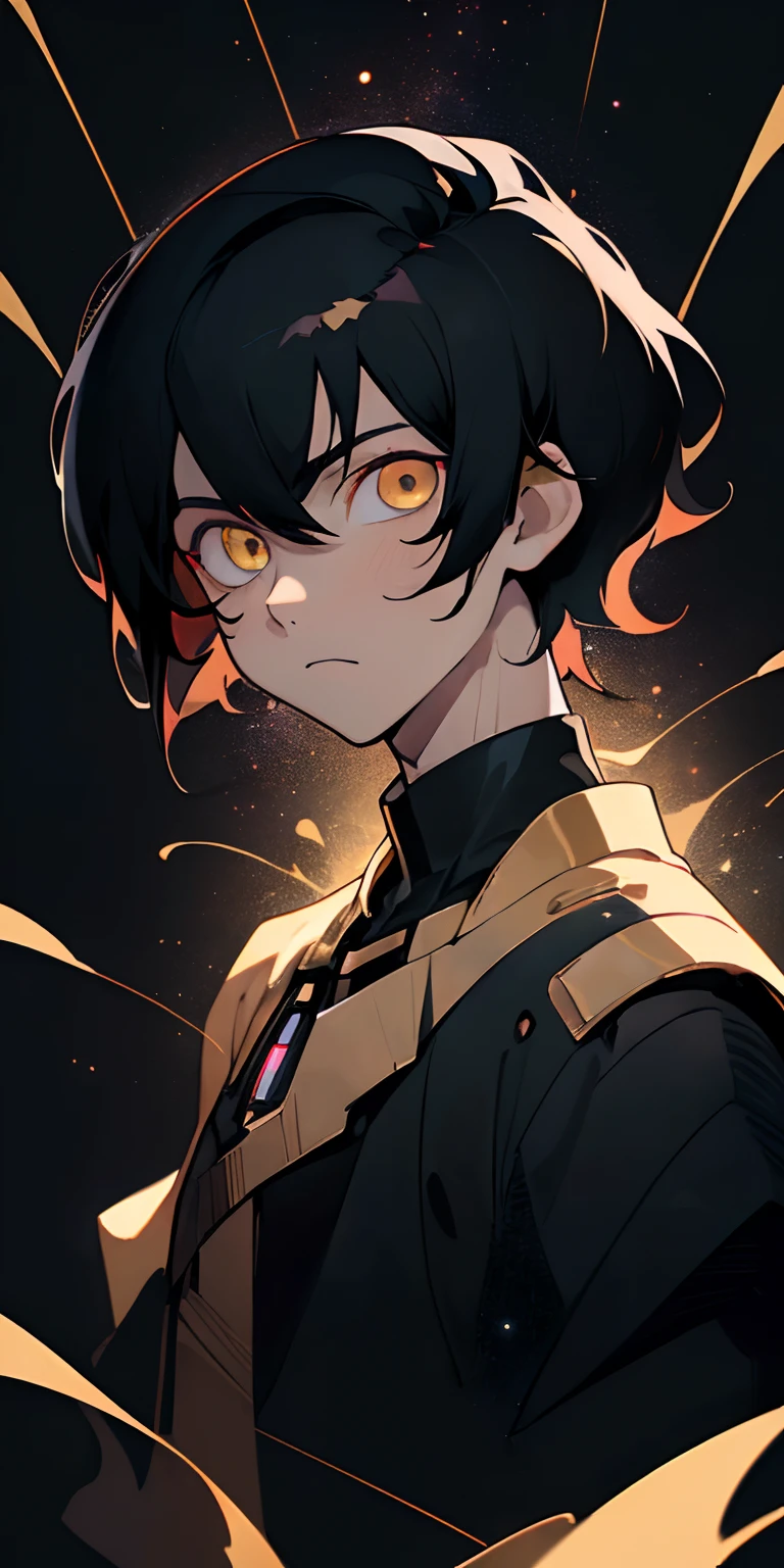 (best quality, masterpiece anime boy, blpnde, dark simple background, galaxy, black hair, golden eyes, looking at viewer, upper body