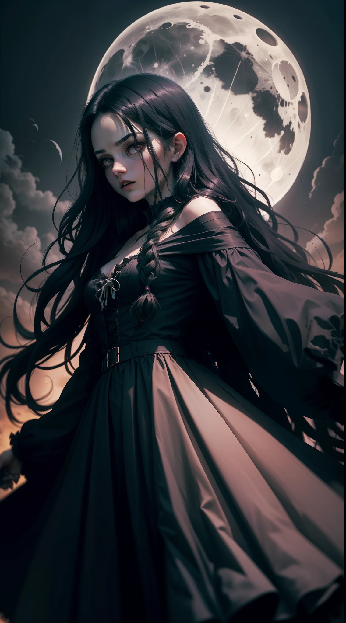 a scary long dark haired witch, scary, horror, night, dark, fall weather, floating in the air, full moon
