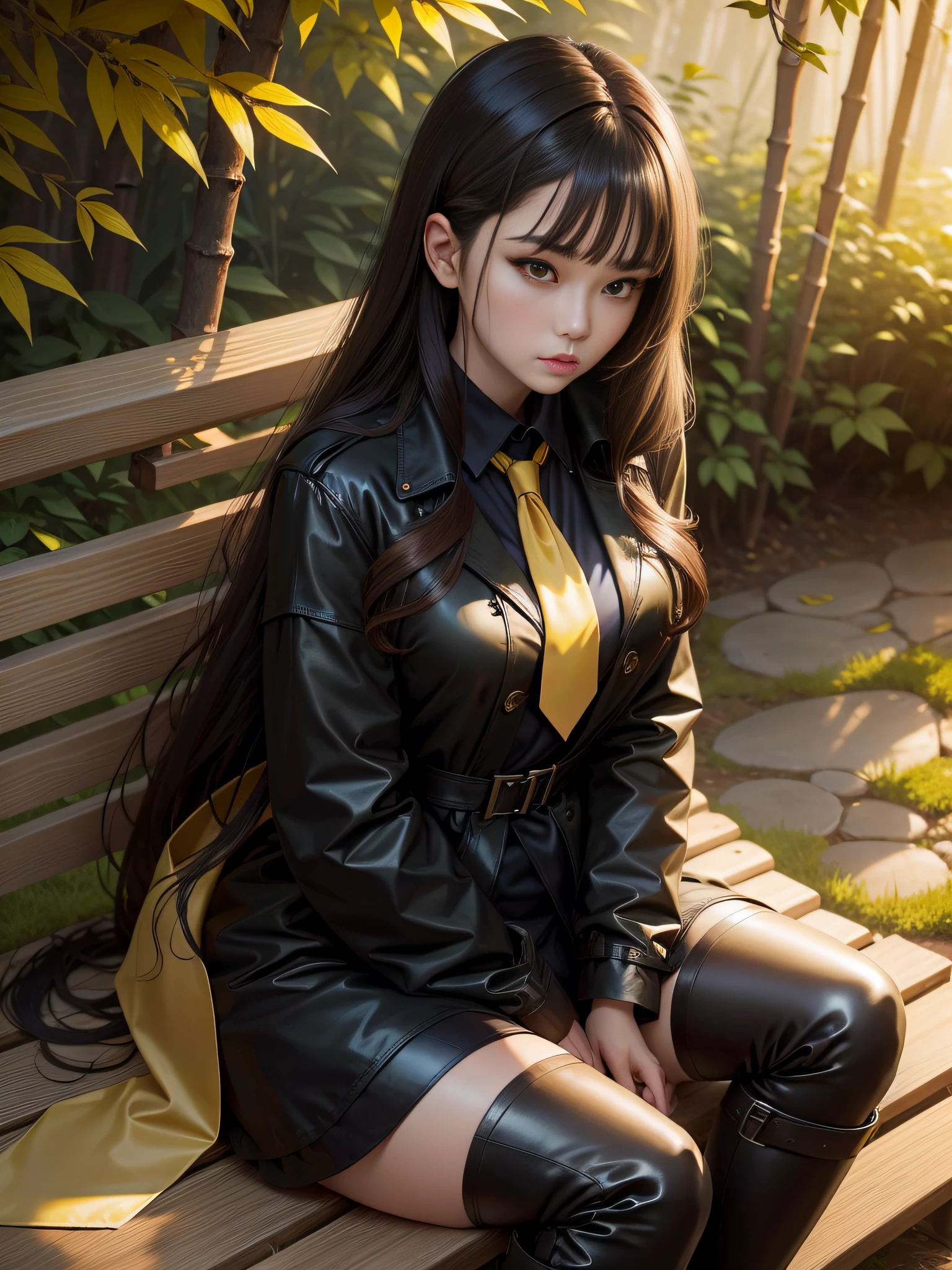 brunette color hair,Yellow eyes,a black trench coat,black lence stockings,pondering,Hairline,Yellow skin,Long hair shawl,White color blouse,black necktie,full bodyesbian,Black leather boots。Sit on a bench full of bamboo forests,Hot springs in the middle。