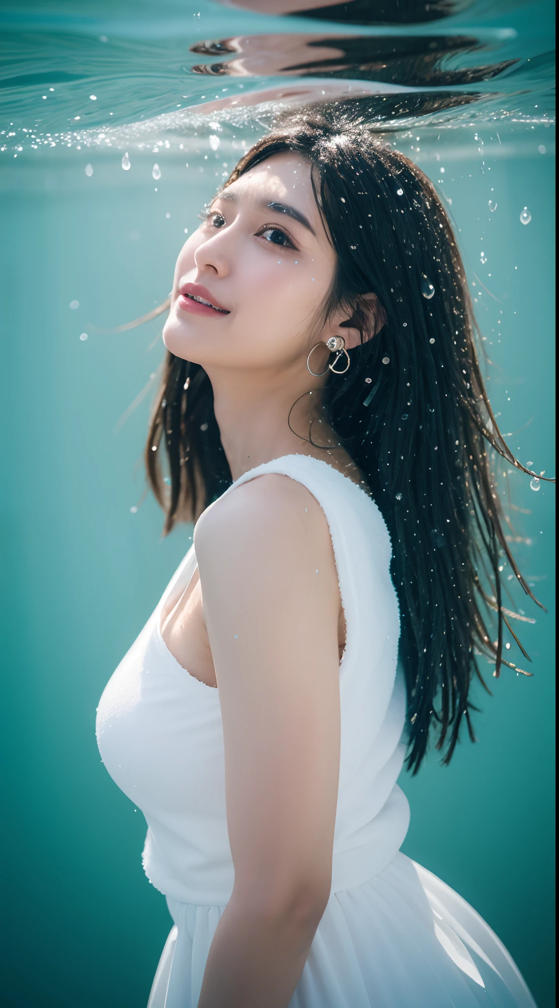 Faure、(Happiness like a goddess:1.2)、Japan idle、(RAW photography:1.2)、(真实感:1.4)、(tmasterpiece:1.3)、(exquisite detailing:1.2)、Delicate and beautiful details、(Eye details)、(detail in face)、(Female, 20 years old)、Curta、Beautiful breasts、Big breasts Thin waist、skin-tight、(Looking_at_peeping at the viewer)、(Floating:1.2)、dynamicposes、large circle earrings、Slim_Legs、(top-quality:1.4)、(Hyper-Resolution:1.2)、cinematric light、(very detailed illustration)、 (Gloss on lips、eyeslashes、top-quality、超A high resolution、depth of fields、Caustics、Wide light、naturalshadow、85mm、f / 1.4、iso 200、1 / 160 sec:0.75)、(Mare、Eau、water_Drop、moisty、Spray feathers、foamy、Under the water:1.5)、Crawl underwater