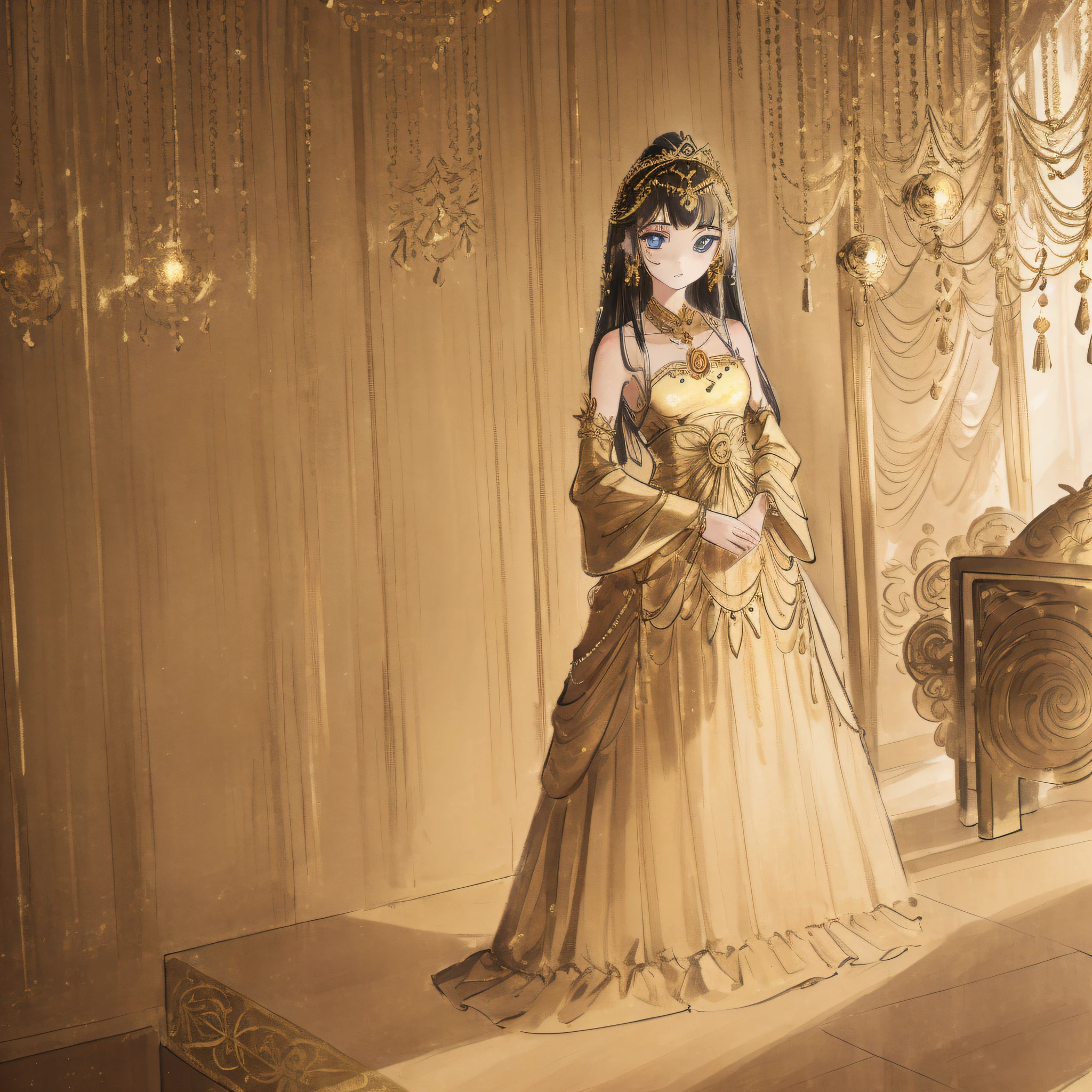 Please draw a picture of an exquisite girl in a princess dress with delicate gold metal decorations. She stands there looking at me