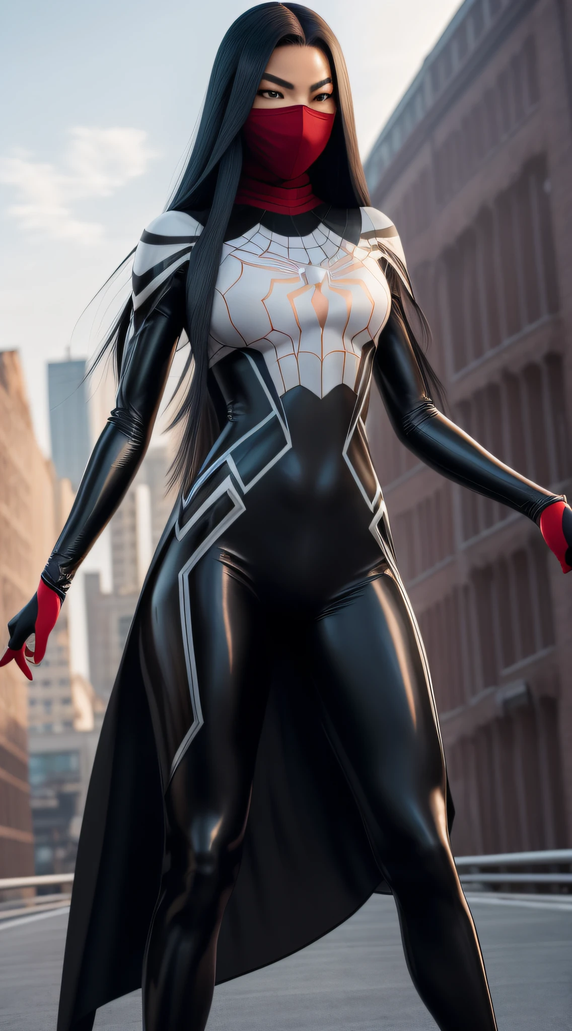 Cindy Moon, Silk, posing on a roof, wears a (black form-fitting spider-man bodysuit) with a sleek, textured (web-like white patterns), the suit covers her entire body, including her arms, legs, and torso, suit includes a (red spider emblem) on the chest, wears a (red mask) that covers her head, leaving only her eyes and mouth exposed, (long, flowing black hair), (full body render), (full body view), fine detail, hyper realistic, HD, 4K, definition, texture, perfect detail, perfect face, beautiful, hyperrealism, trending on artstation