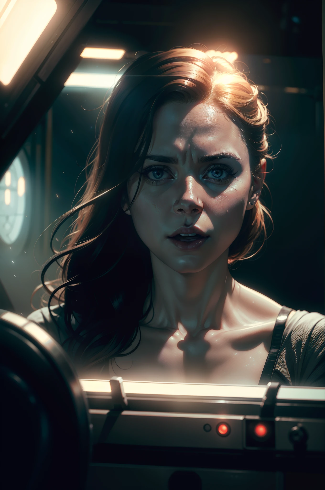 Hot terrified Amy Adams as a Scientist on Ishimura Horror Space Ship photography, natural light, photorealism, cinematic rendering, ray tracing, the highest quality, the highest detail, Cinematic, Third-Person View, Blur Effect, Long Exposure, 8K, Ultra-HD, Natural Lighting, Moody Lighting, Cinematic Lighting