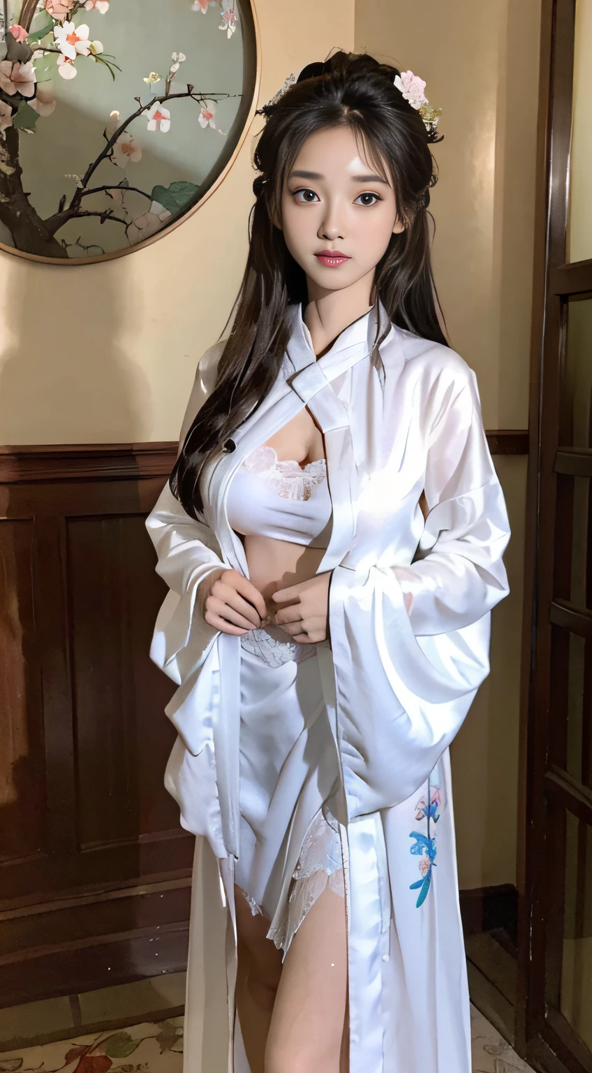 There is a woman sitting on a table with a vase, white skin, melancholy eyes, a palace, a girl in Hanfu, beautiful figure painting, white Hanfu, Hanfu, hair accessories, , looking at the viewer, red lips, skirt, hair accessories, necklaces, jewellery, long hair, barefoot