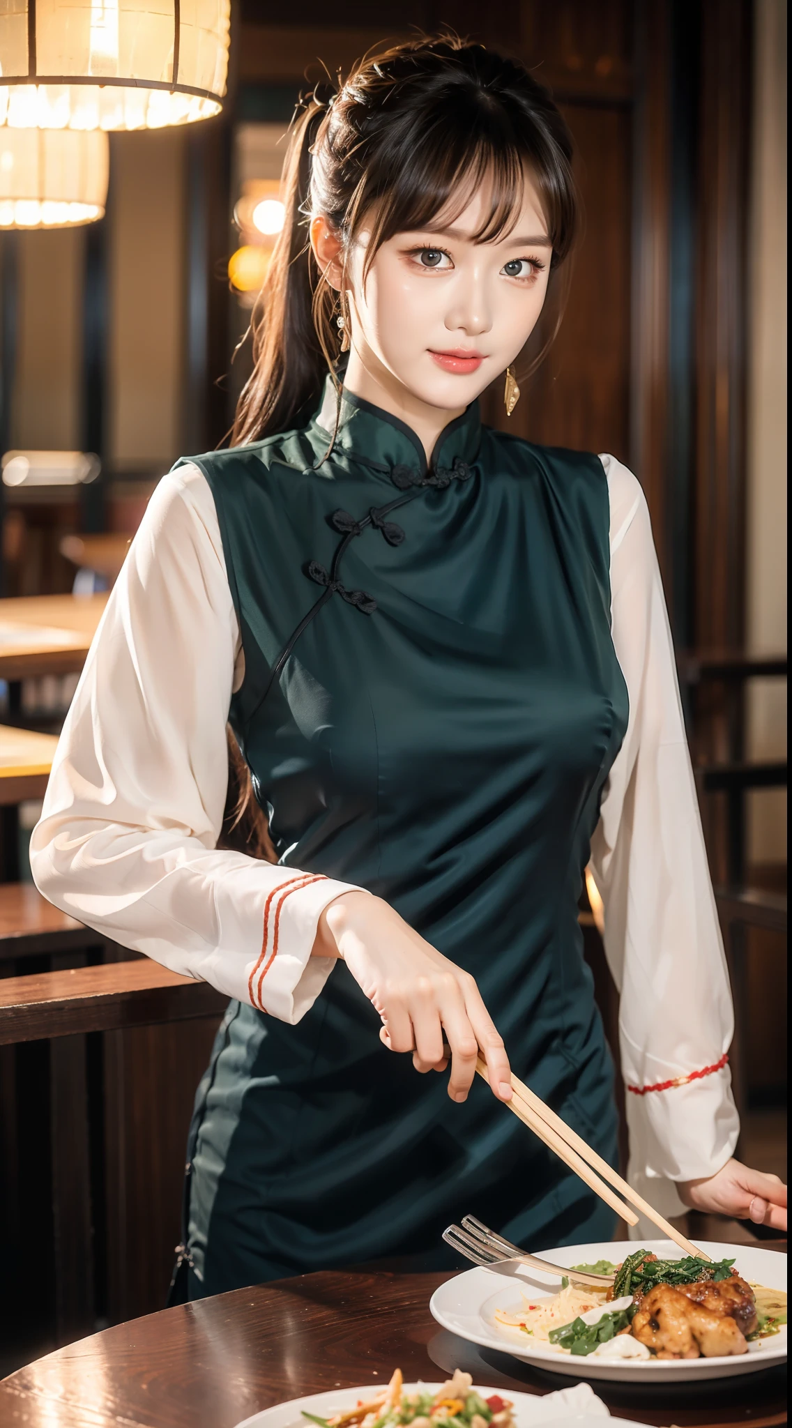 （8K，best qualtiy，tmasterpiece：1.2），realisticlying，超高分辨率，intricately details，
1girll，beautiful  face，light silver，on cheongsam，Low ponytail，In a restaurant，are standing，