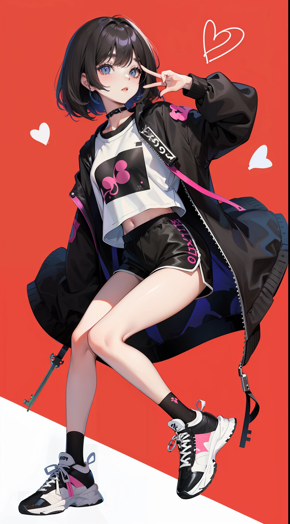 vividness,outline,zentangle,Best quality,Girl,Unbelievably beautiful,oversized jacket,tee shirt,Black shorts,Sneakers,anime key visual,Masterpiece,Impressive details,Best shadow