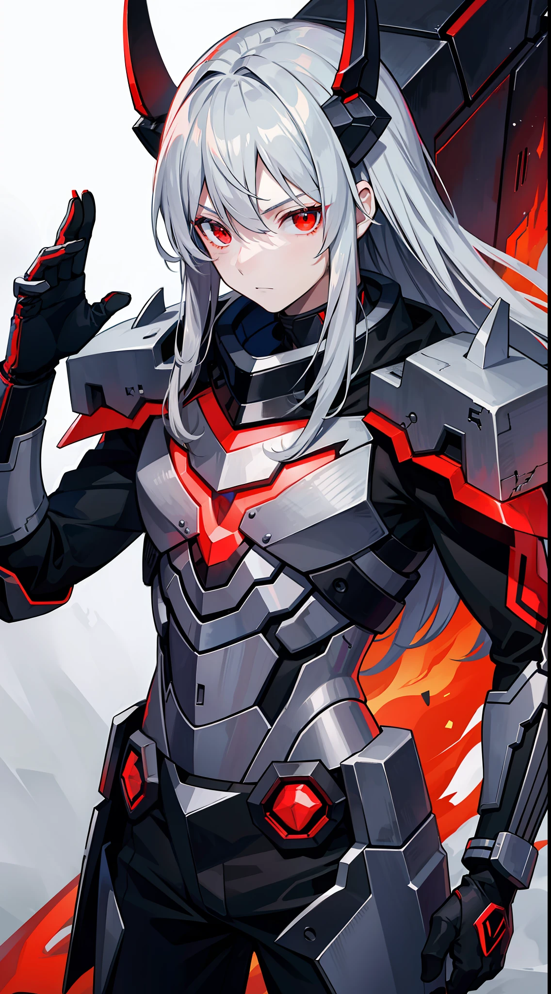 young boy, long gray hair, red eyes, The Iron Mantle of Cybertron, open torso, Iron horns, Masterpiece, hiquality