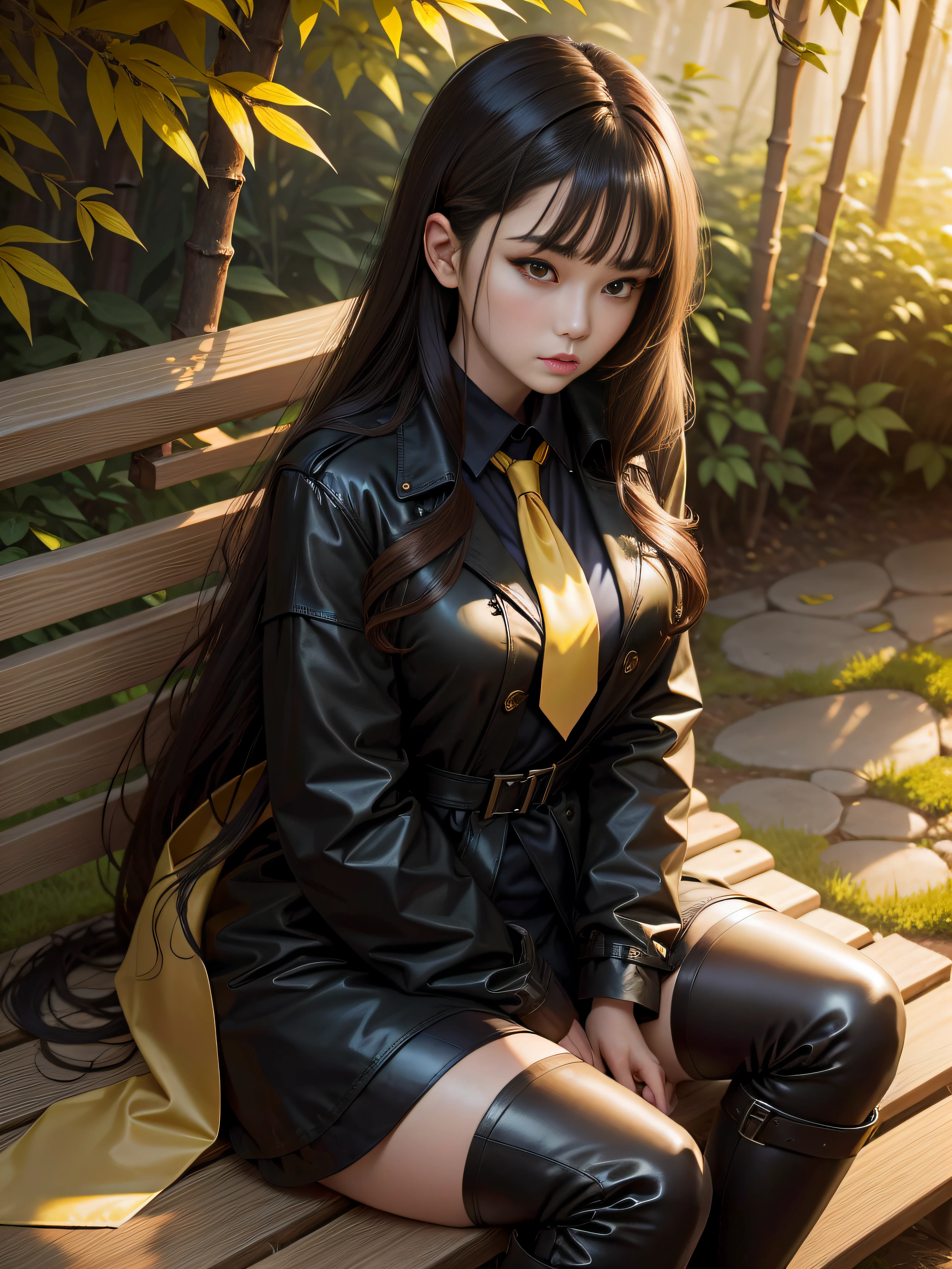 brunette color hair，Yellow eyes，a black trench coat，black lence stockings，pondering，Hairline，Yellow skin，Long hair shawl，White color blouse，black necktie，full bodyesbian，Black leather boots。Sit on a bench full of bamboo forests，Hot springs in the middle。