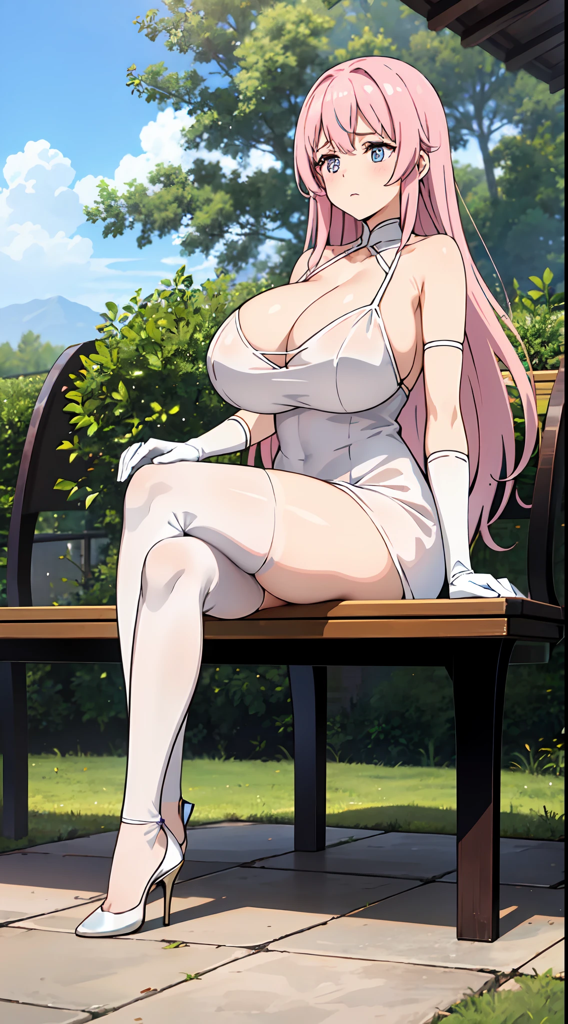 Pink hair,long whitr hair,Cute girl,She wore a long white dress,white stockings,high-heels,whitegloves,Delicate facial features,perfect bodies,huge tit,legs crossed,Exposed fat times,Sit on a bench,is shy,Be red in the face