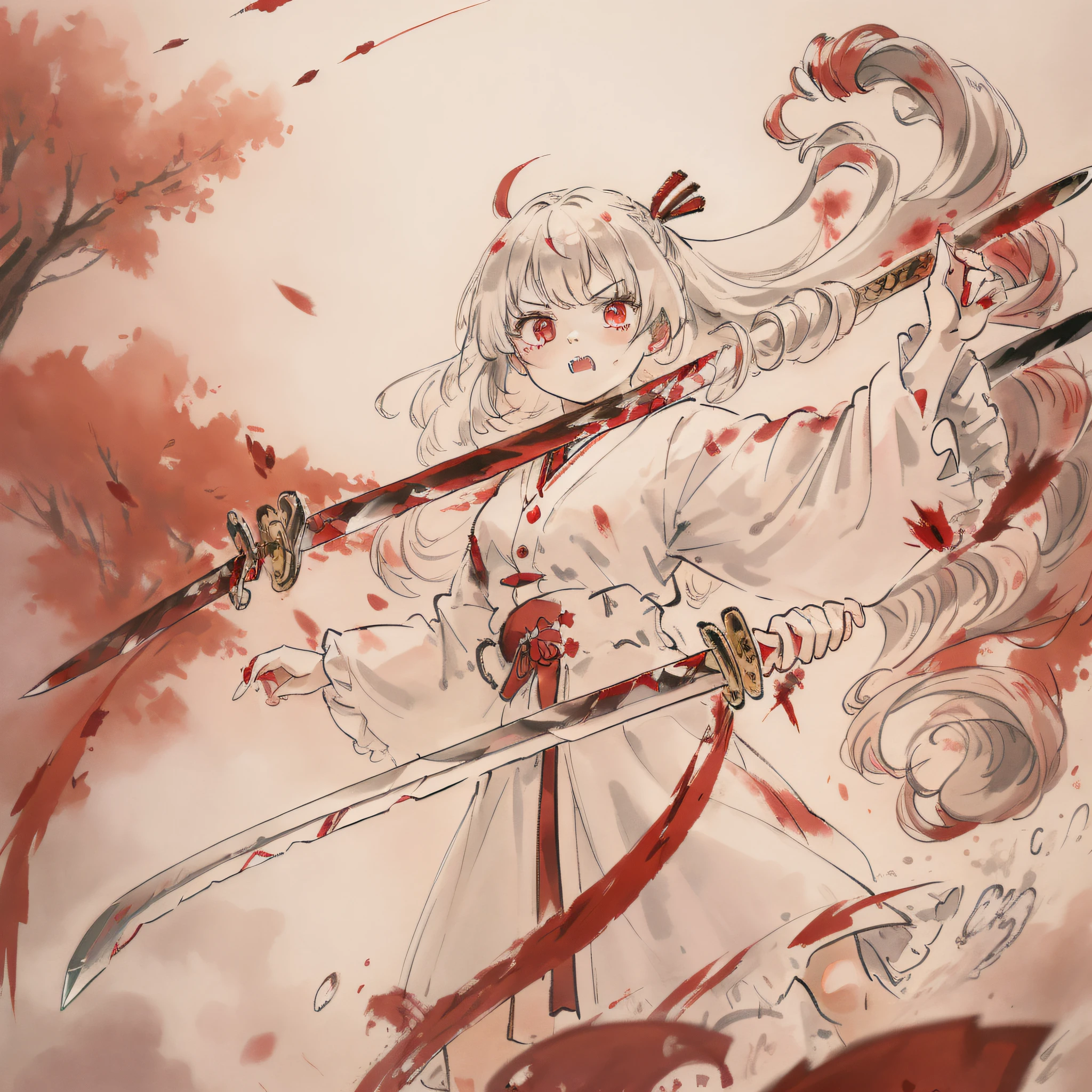 masterpiece, best quality, best quality,Amazing,1girl,finely detail,Depth of field,extremely detailed CG unity 8k wallpaper, masterpiece, full body,(li),(white hair), red streaked hair, red eyes, (full body),red hair, (((with sword))), angry face，(beautiful detailed eyes), Blood drop,Blood fog, floating hair,light shafts, soft focus, character focus,disheveled hair,long bangs, hairs between eyes, looking at viewer,lowing hair, floating, Splashing blood,Long hair,(Bloodstain)