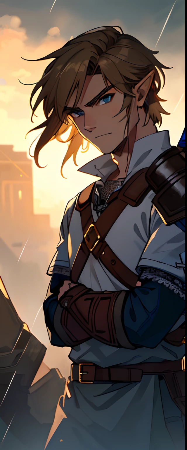(masterpiece, best quality, high quality, highres:1.4), detailed, extremely detailed, sharp ambient lighting, high contrast, 4K, 1boy, (mature male:1.2), (dark brown hair, short hair:1.3), (blue eyes, defiance:1.2), muscular, (warrior, armor, pauldron, greaves, belt:1.3), crossed arms , fantasy, outdoor, detailed background, rain, thunder, thunderstorm, link:1.9, blonde , medium hair, detailed, shaded, beautiful lighting, gloves,
