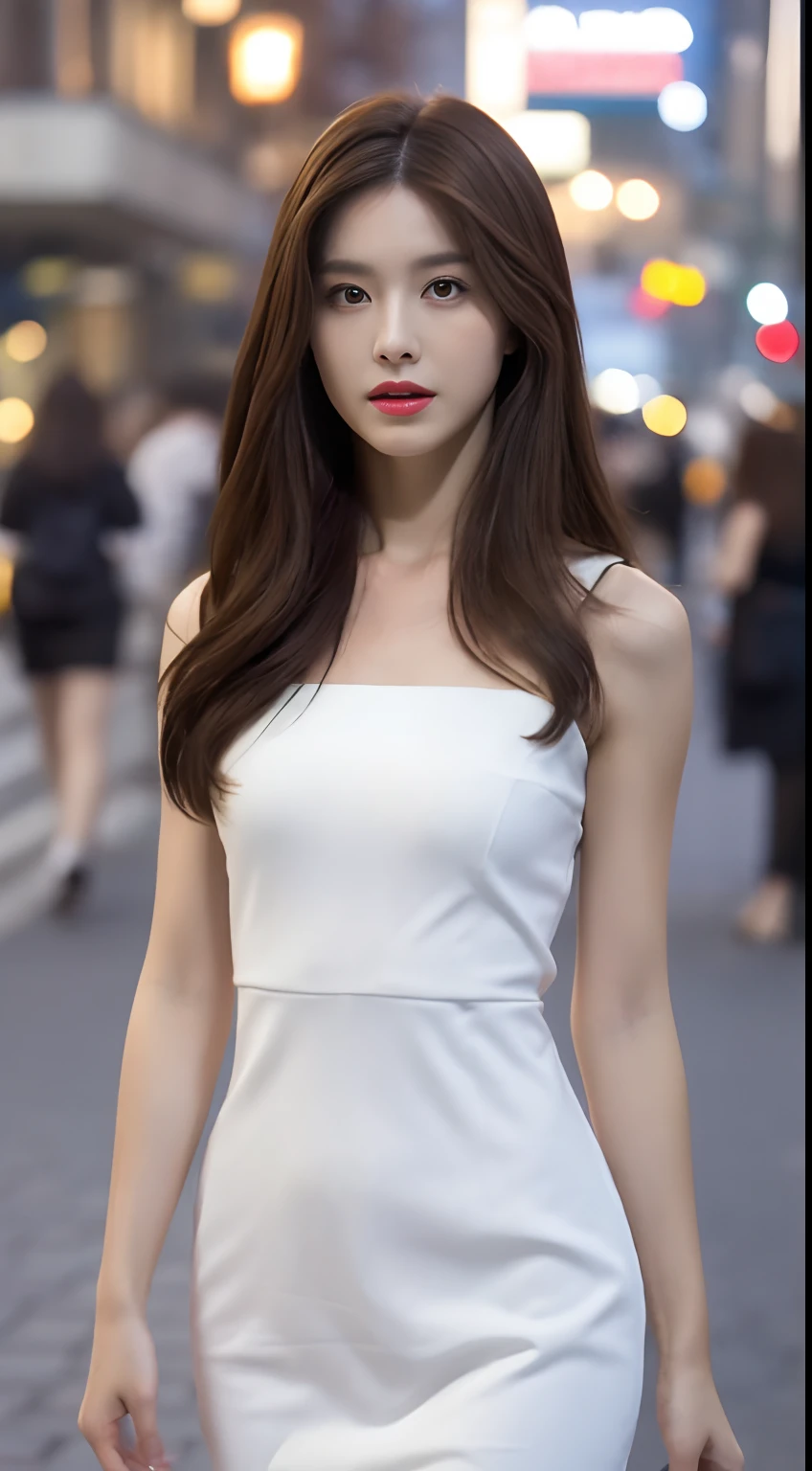 ((Realistic lighting, Best quality, 8K, Masterpiece: 1.3)), Focus: 1.2, 1girl, Perfect Figure: 1.4, Slim Abs: 1.1, ((Dark brown hair)), (White dress: 1.4), (Outdoor, Night: 1.1), City streets, Super fine face, Fine eyes, Double eyelids,