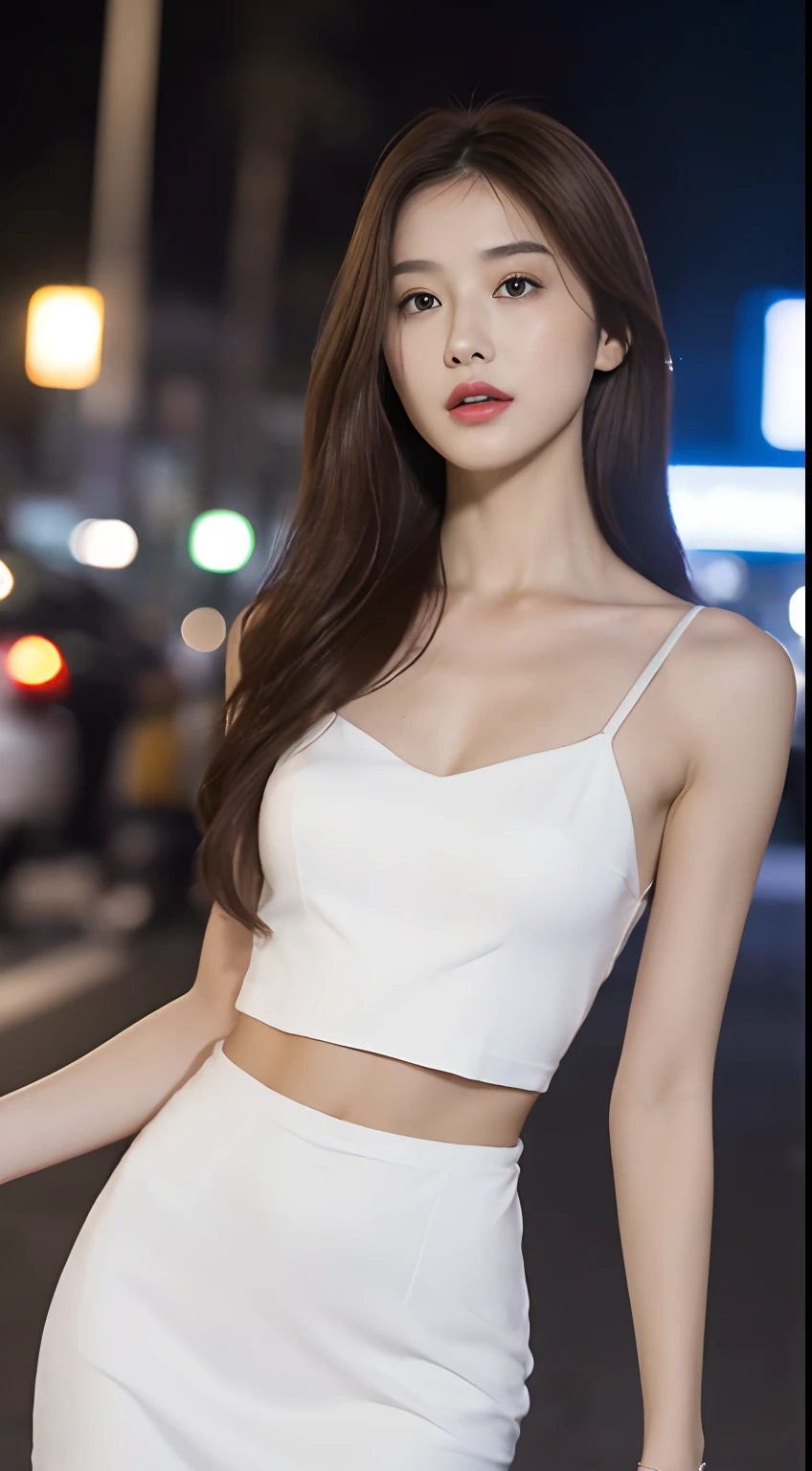 ((Realistic lighting, Best quality, 8K, Masterpiece: 1.3)), Focus: 1.2, 1girl, Perfect Figure: 1.4, Slim Abs: 1.1, ((Dark brown hair)), (White dress: 1.4), (Outdoor, Night: 1.1), City streets, Super fine face, Fine eyes, Double eyelids,
