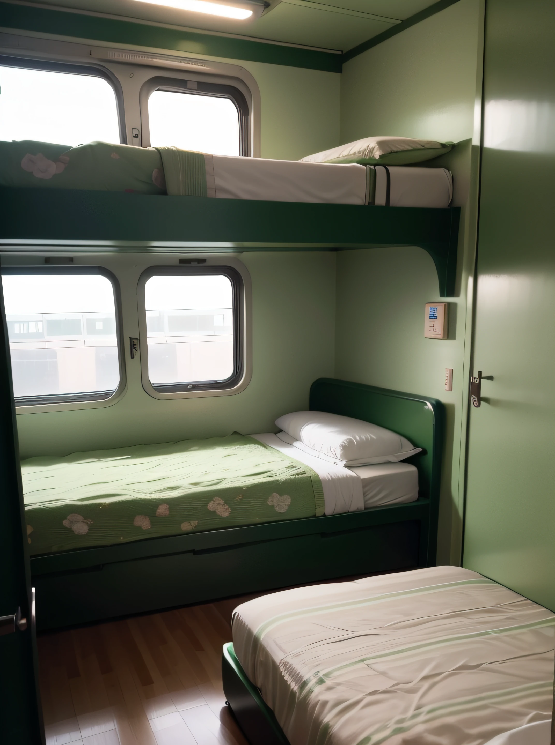 Train sleeper bunk single bed,Bed by window,Green and white quilts and white walls, Inside the train, Beds, capsule hotel, completely empty, Extremely quality, flat,The train is moving