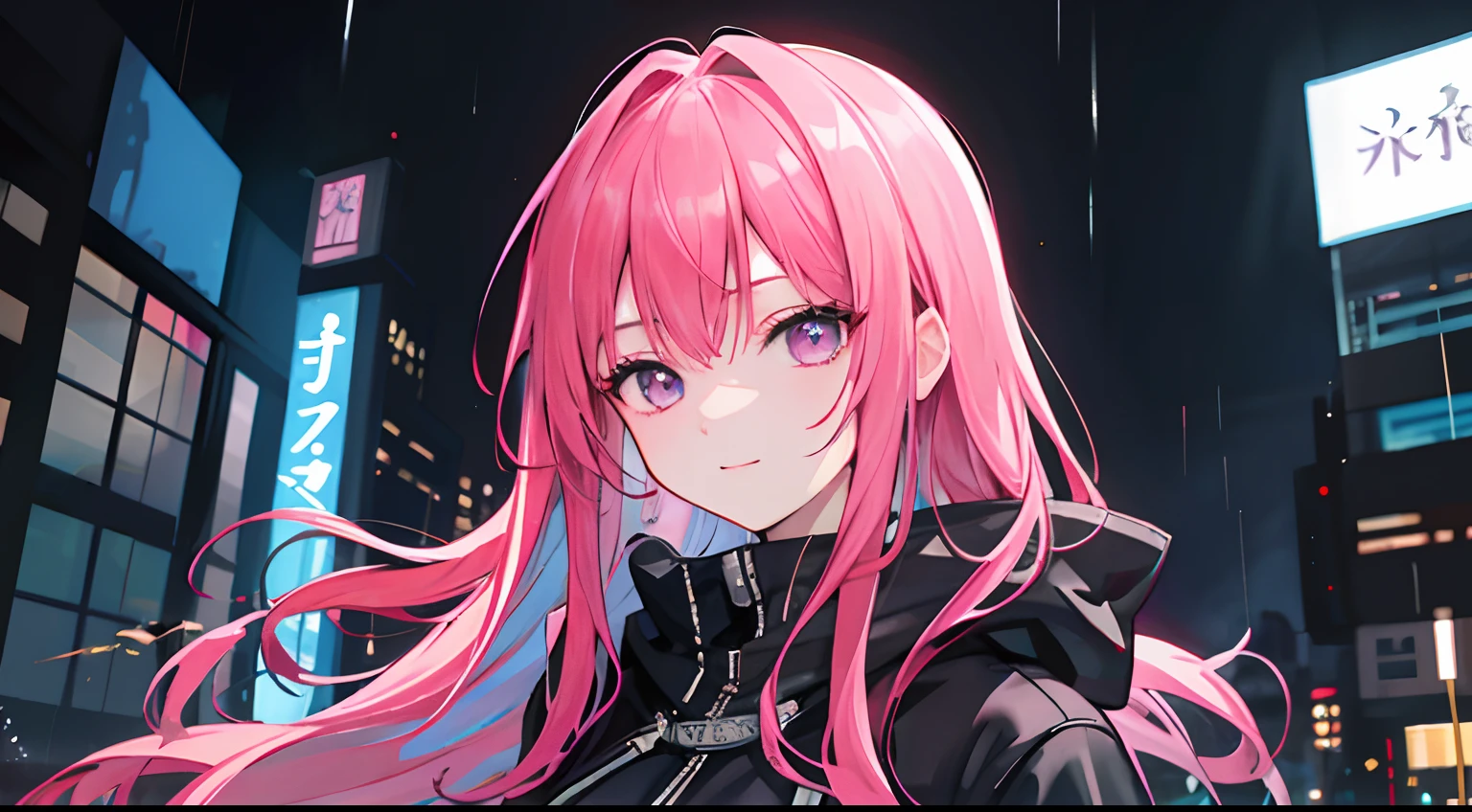 tmasterpiece, 1 beutiful girl, A detailed, Swollen eyes, best qualtiy, 超A high resolution, (Realistis: 1.4), RAW photogr, 1girll, cinmatic lighting, ssmile, jpn, a asian beauty, Korea, Neatness, is very beautiful, Slightly younger face, Beautiful skins, slim, cyberpunk backgrouns, (hyper realisitc), (illustratio), (A high resolution), (8K), (The is very detailed), (Most Best Illustration), (eyes in beautiful detail), (ultra-detailliert), (the wallpaper), (A detailed的脸), audience looking, finely detailled, A detailed face,pureerosfaceace_v1,ssmile,46 points oblique bangs,Face straight ahead,Neat clothes,Dark eyes,Hair wet by rain,black hoodie,Red lightning bolt pattern,body facing the front,Kyoko Saito、A pink-haired